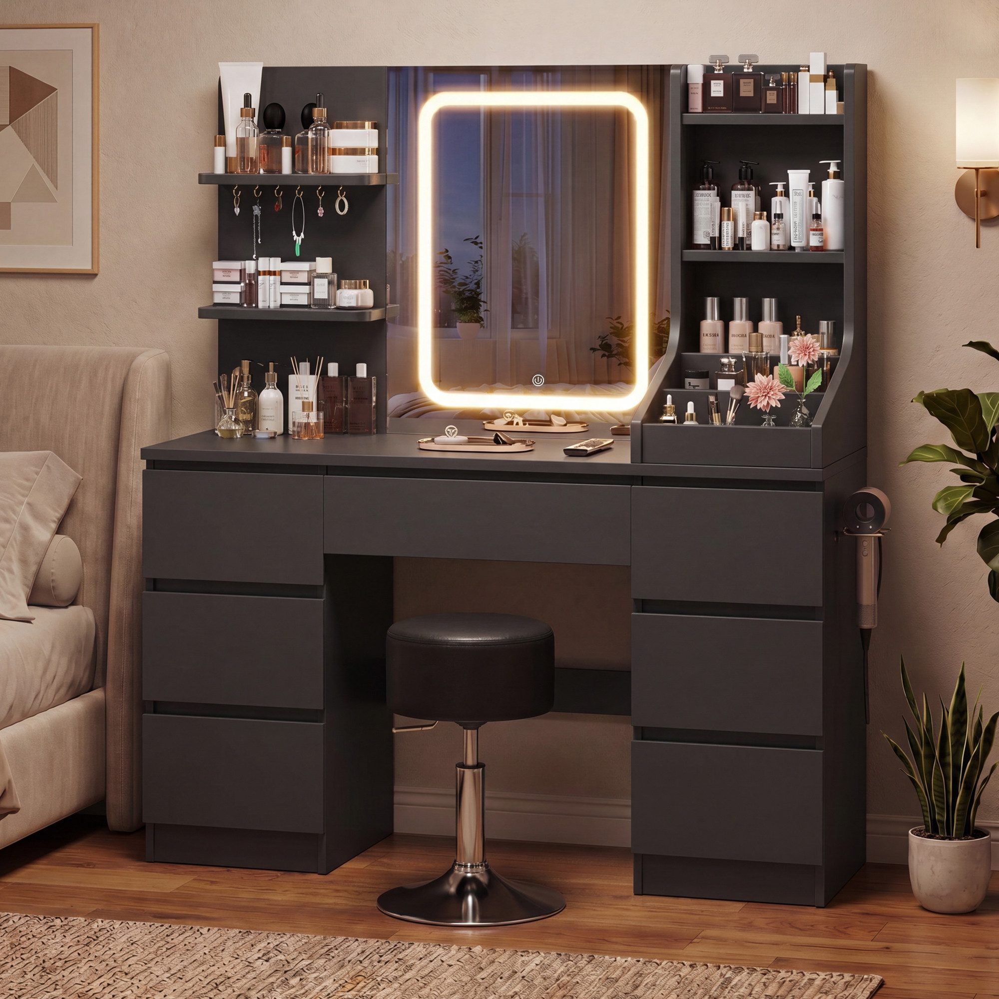 HOMALL Schminktisch Spiegel mit LED-Beleuchtung, 7 Schubladen (Maße: 110 × 40 × 139 cm, drei einstellbare Farbtemperaturen, mit 8 offenen Ablagefächern, 6 Schmuckhaken, 2 Steckdosen, 1 USB-Anschluss, 1 Typ-C-Anschluss und einer Haartrocknerhalterung)