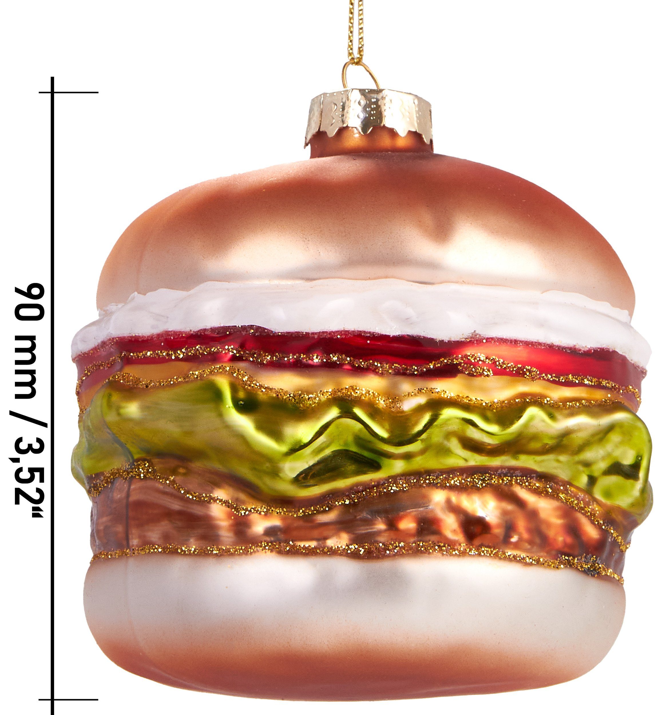 Mundgeblasene Cheesburger, aus Weihnachtsdekoration Weihnachtskugel Saftiger kulinarische - handbemalt Christbaumschmuck BRUBAKER Glas, cm 9
