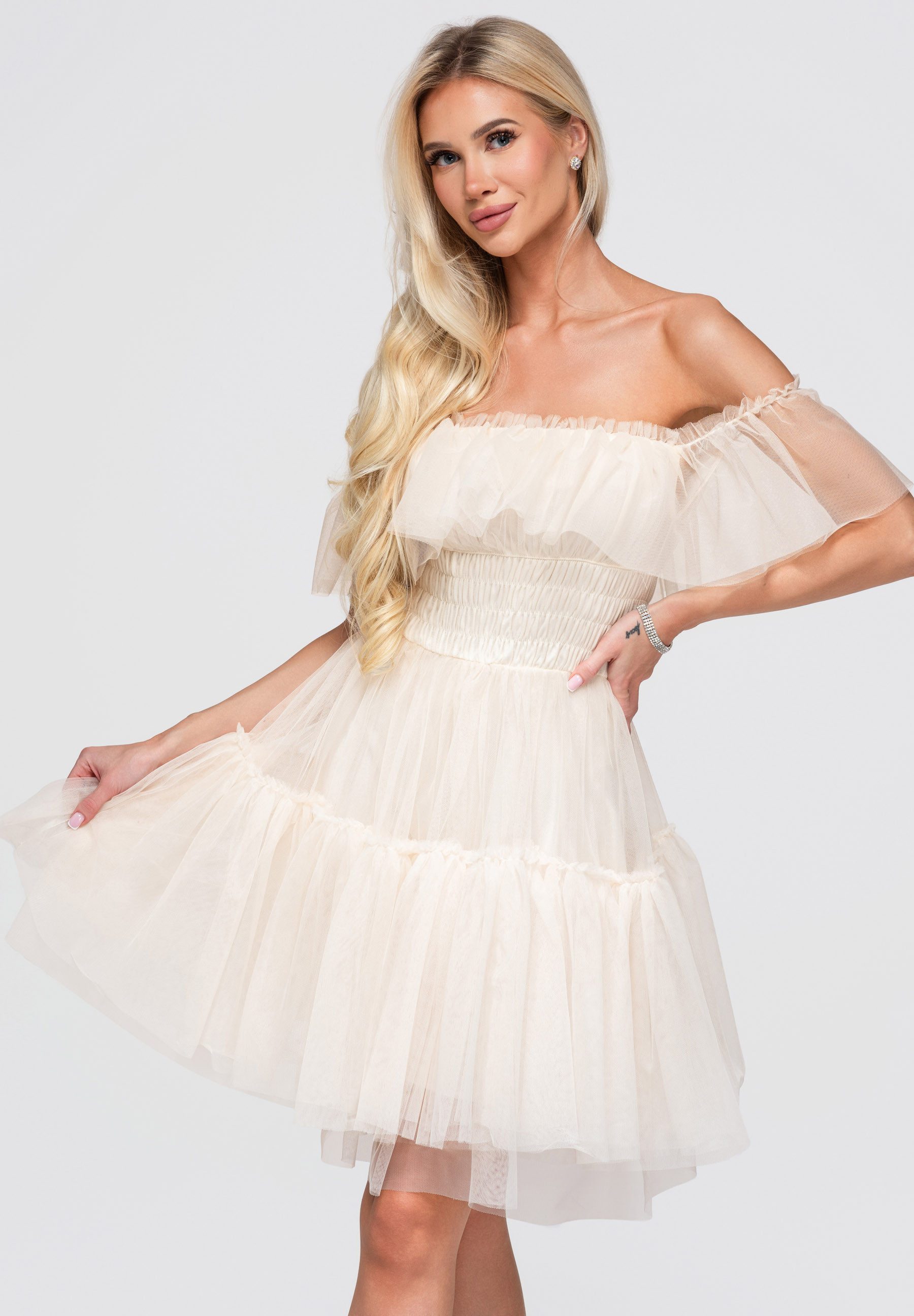 OMBRE Abendkleid Damen Abendkleid mit off-shoulder Ausschnitt Ecru M (kein Set, 1-tlg)