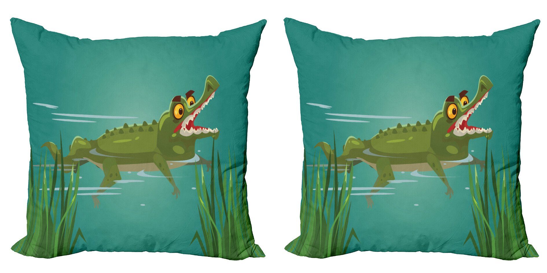 Kissenbezüge Modern Accent Doppelseitiger Digitaldruck, Abakuhaus (2 Stück), Krokodil Cartoon in einem See