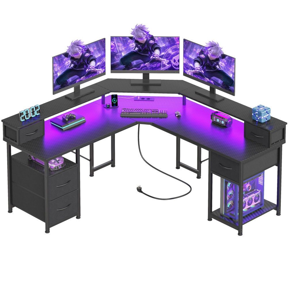 Klyvvo Schreibtisch 137x137 cm L Form Gaming Schreibtisch mit LED für Gaming, Homeoffice (1-St., Computertisch mit 5 Schubladen, Ergonomisch Monitorständer, LED), USB-Ladeanschluss und Steckdose,Eckschreibtisch, Schwarz