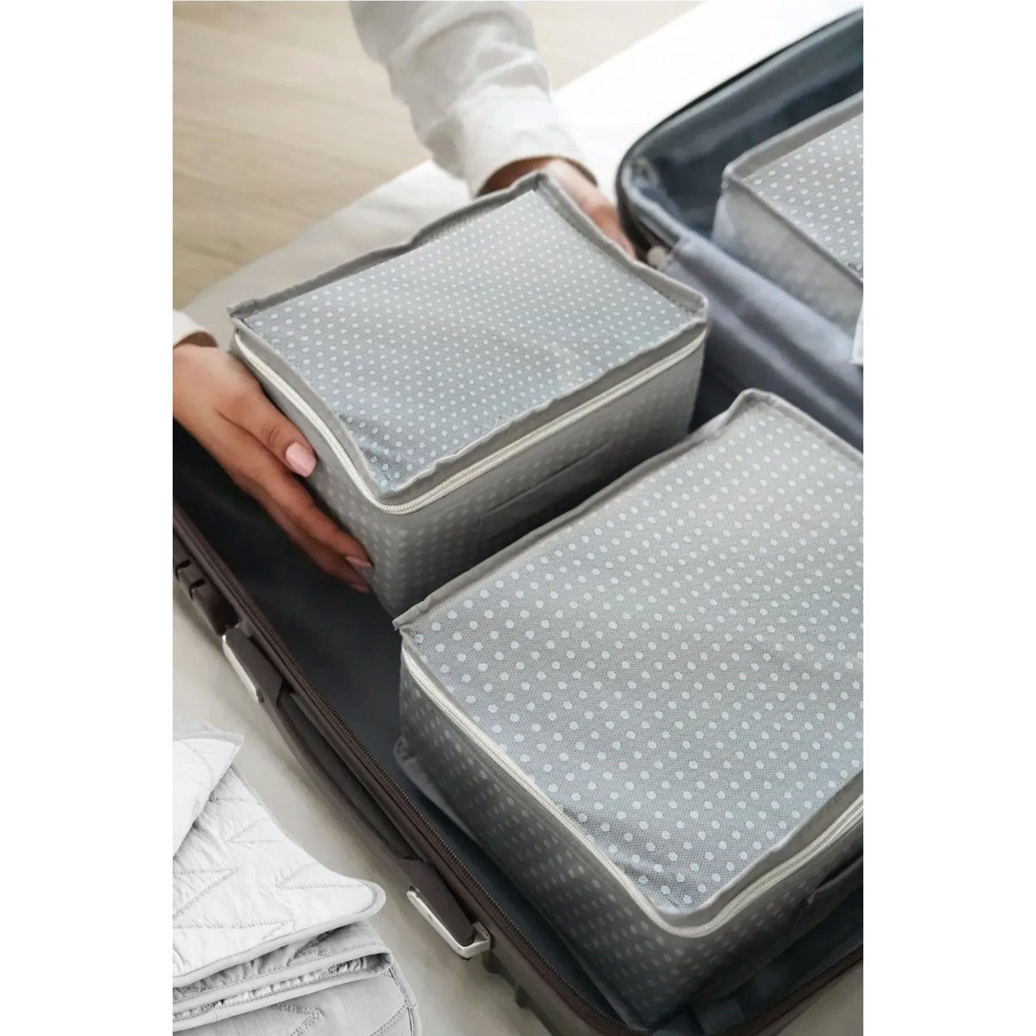 Jungengel Taschenorganizer Koffer Organizer Set 6-teilig Reise Taschenbeutel Grau Punkte (Reise-Organizer-Set / Koffer-Innenorganizer-Set, 6-tlg., 6-teiliges Koffer-Organizer-Set ohne Netz), Kofferbeutel, Packtaschen, Reise Set, Reißverschluss, Unisex