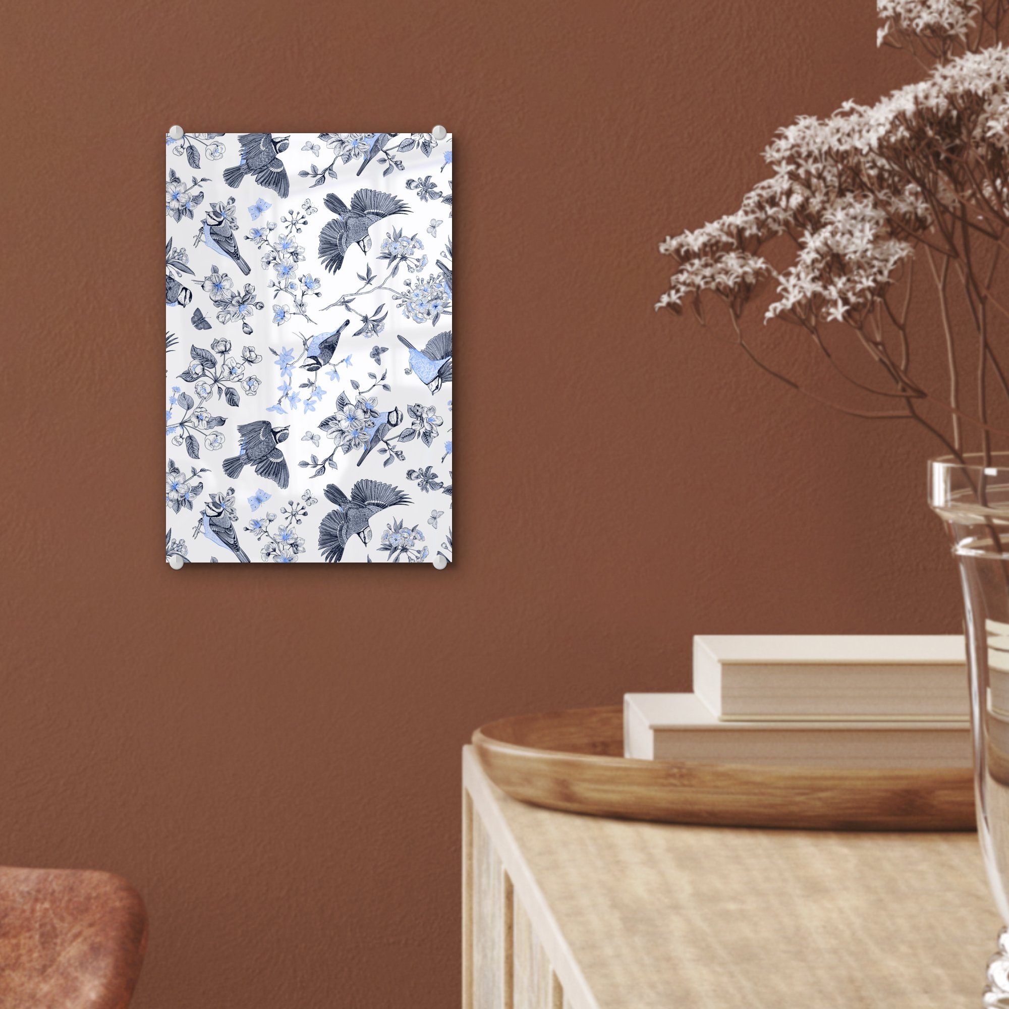 - Blau, Acrylglasbild - Wanddekoration Glas Bilder Glasbilder Blumen (1 Vogel - Wandbild - - auf auf MuchoWow Glas St), Foto