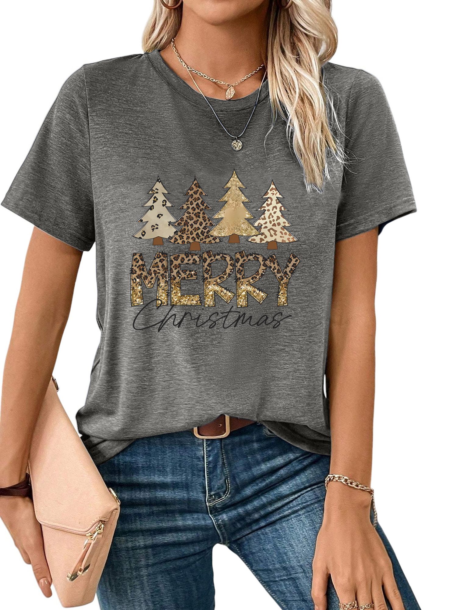 PYLIKE Kurzarmshirt Shirts Damen festlich Weihnachtsbaum Animal Print beque günstig online kaufen