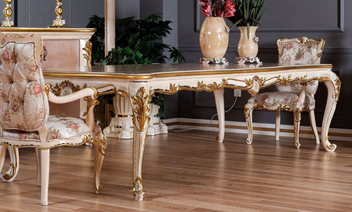 Casa Padrino Esstisch Luxus Barock Esstisch Beige / Weiß / Gold - Prunkvoller Massivholz Esszimmertisch im Barockstil - Barock Esszimmer Möbel