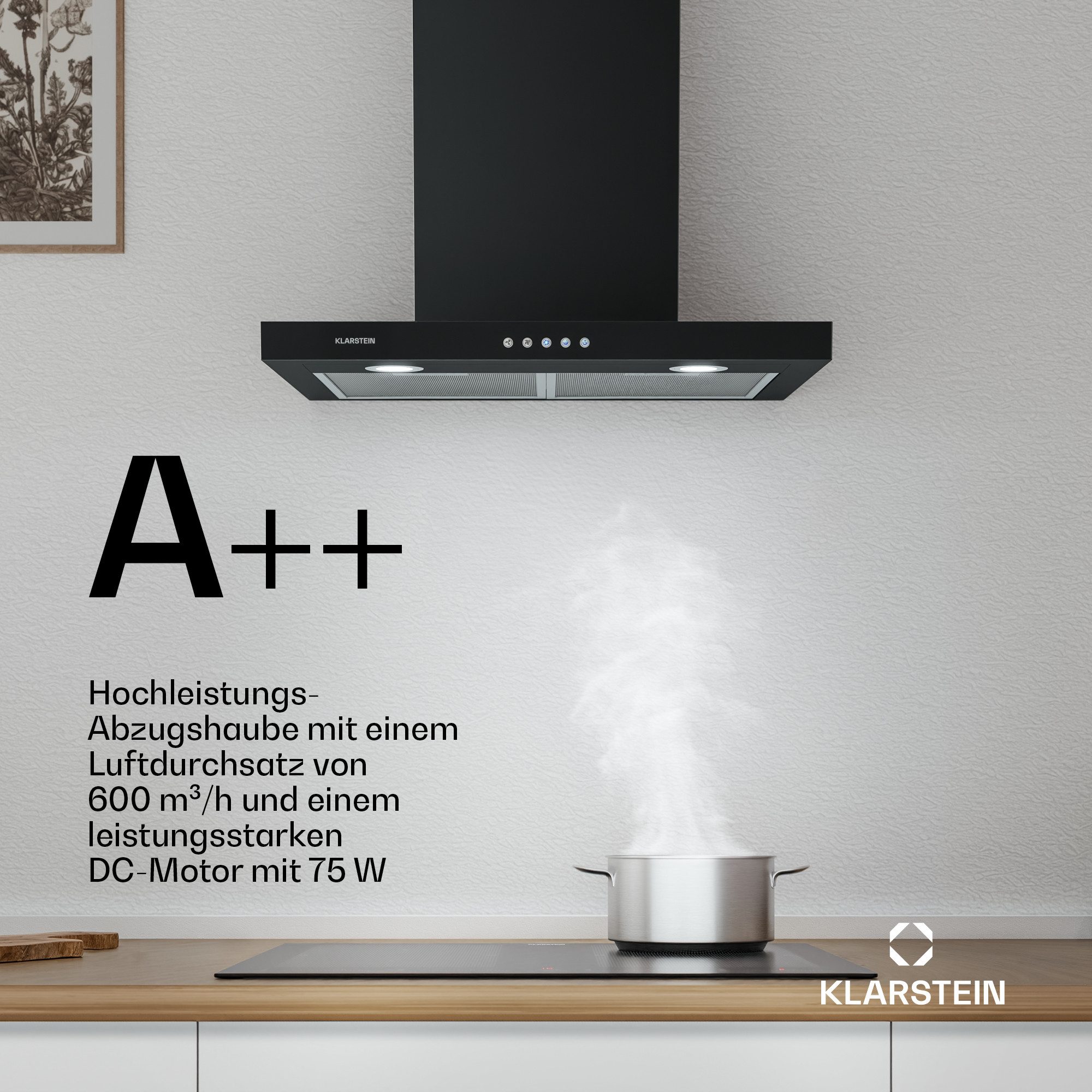 Klarstein Deckenhaube Limelight Serie Limelight 60 Dunstabzugshaube 60 cm Wandhaube 600 m³/h Umluft schwarz Limelight, Wandhaube Abzugshaube mit Ablage Aluminium-Filter & Aktivkohle
