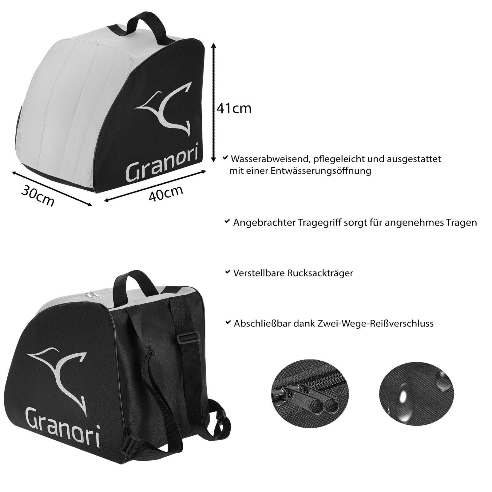 Granori Skitasche / Skisack + Skischuhtasche Kombi-Set für 1 Paar Skischuhe & Skier (Spar-Set), mit Entwässerungsöffnungen