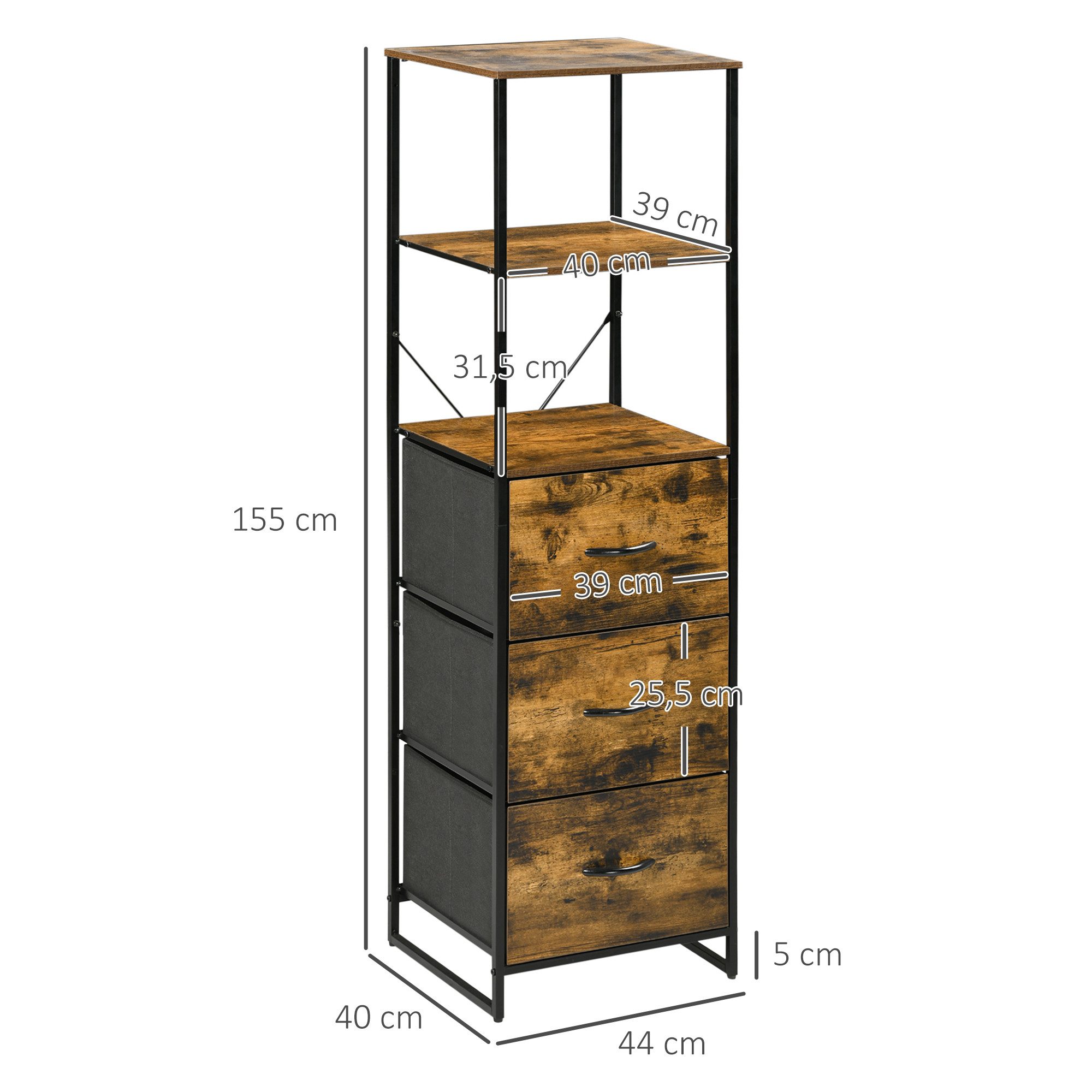 HOMCOM Kommode Sideboard mit 3 Schubladen aus Stoff, Regal und Griff (Regal und Griff, 1 St., Aufbewahrungsschrank mit Industrial Design), für Wohnzimmer Rustikal-Braun