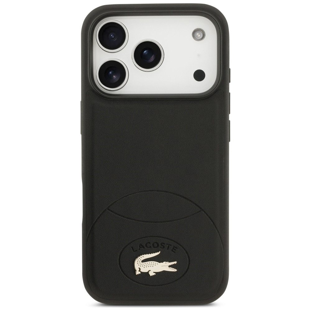 Lacoste Handyhülle Bliss MagSafe Hülle iPhone 17 Pro Kunstleder Schwarz Logo Metall 6,3 Zoll, Kantenschutz