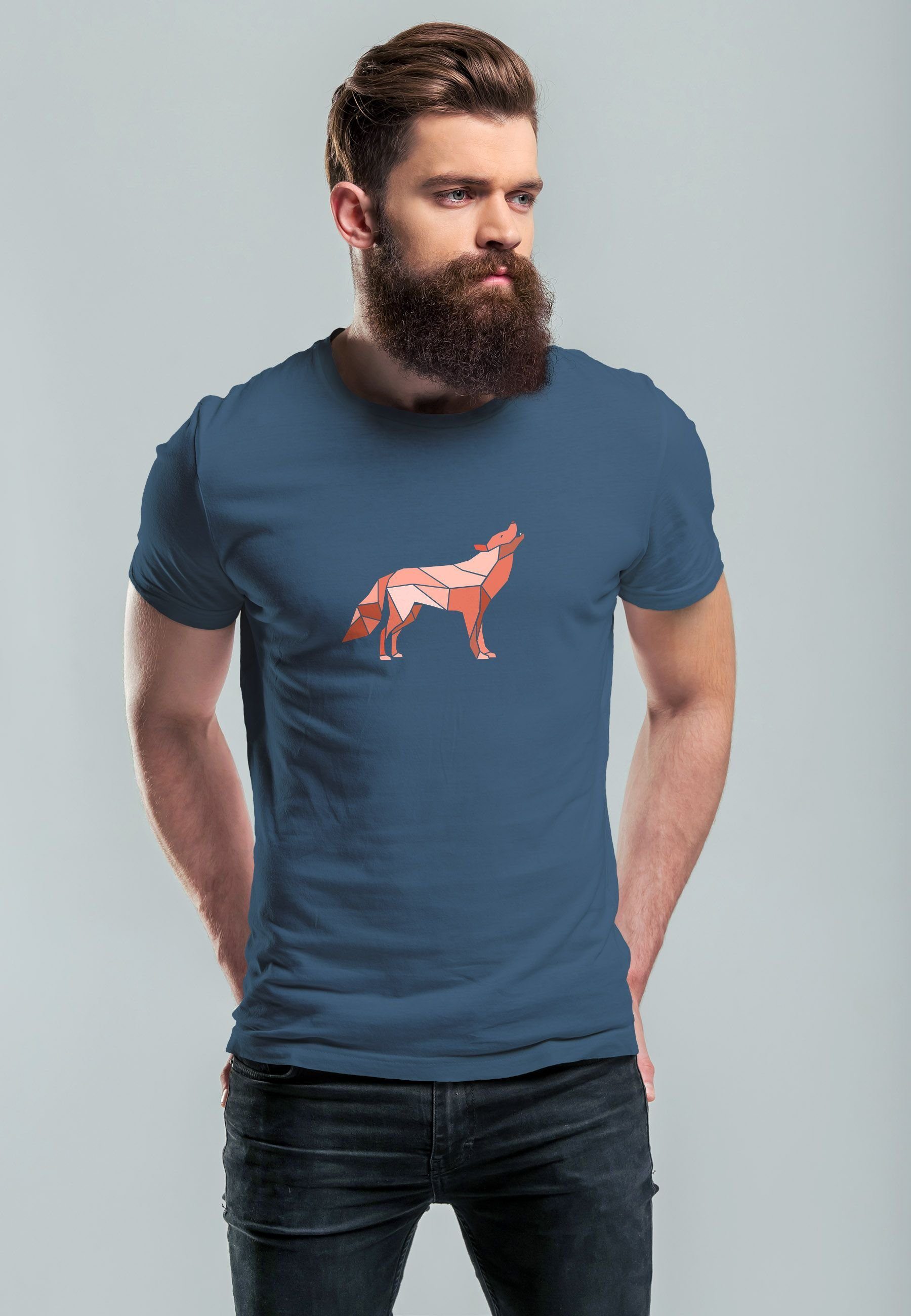 Polygon Print-Shirt Tiermotiv Outdoor Neverless T-Shirt Grafik Herren Wolf Bedruckt mit denim blue Fashion Print