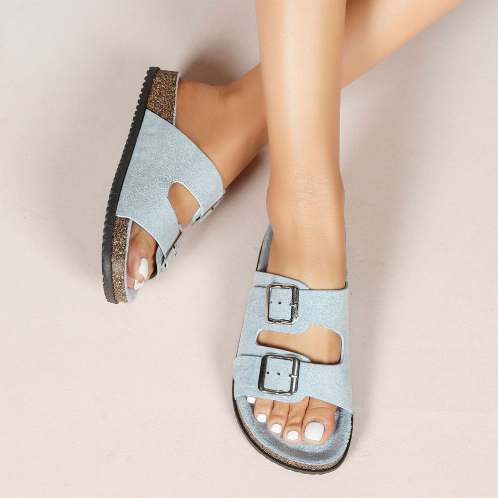 Ital-Design Damen Komfort Sandale mit Schnallen für Freizeit und Alltag Pantolette (91117304) Flach Pantoletten in Hellblau