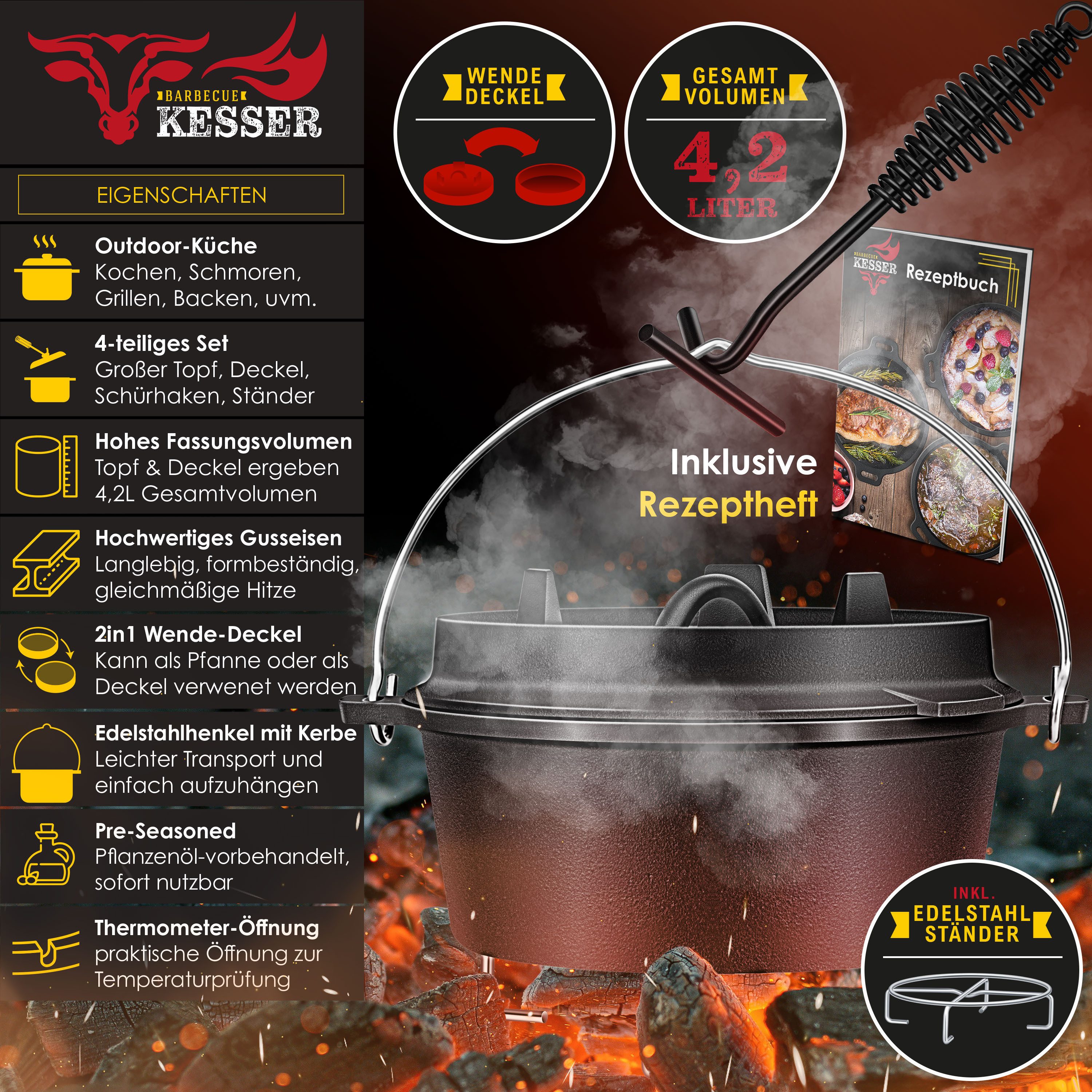 KESSER Feuertopf, Gußeisen, Dutch Oven Set BBQ Feuertopf Schmortopf, Gusseisen Topf