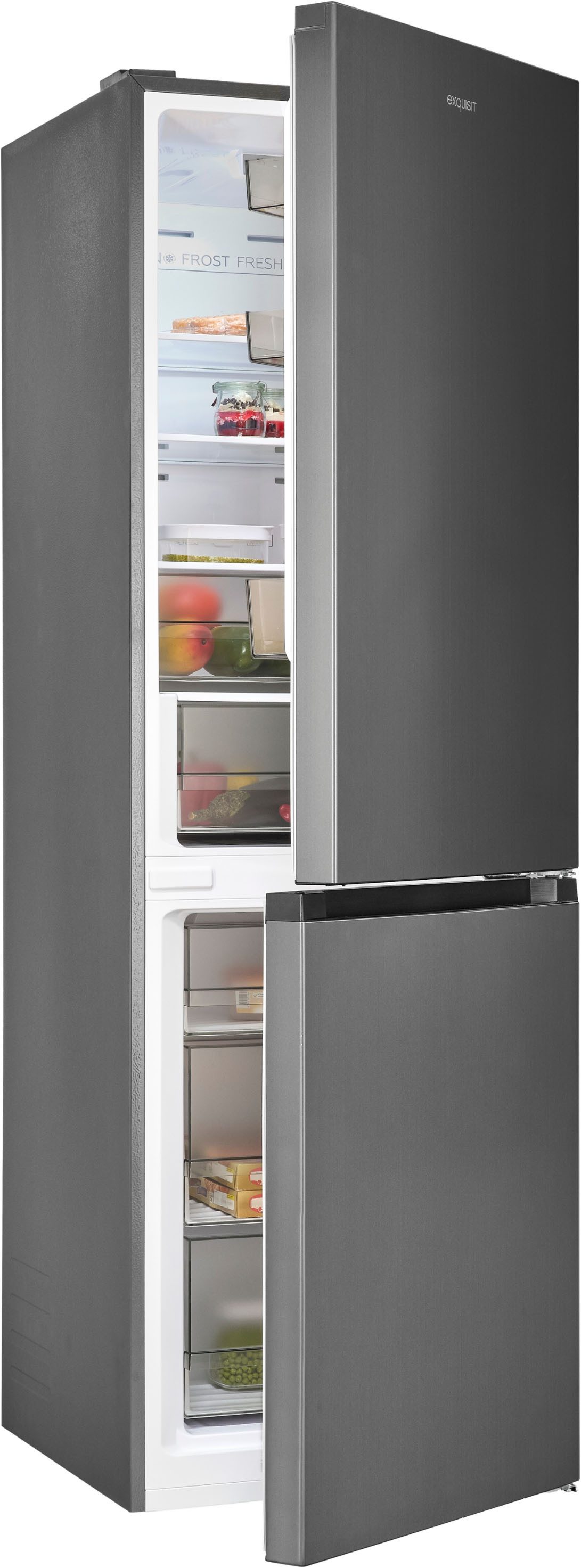 exquisit Kühl-/Gefrierkombination KGC340-115-NF-040C inoxlook-az, 186 cm hoch, 59,5 cm breit, NoFrost Technologie für dauerhaft eisfrei ohne Abtauen