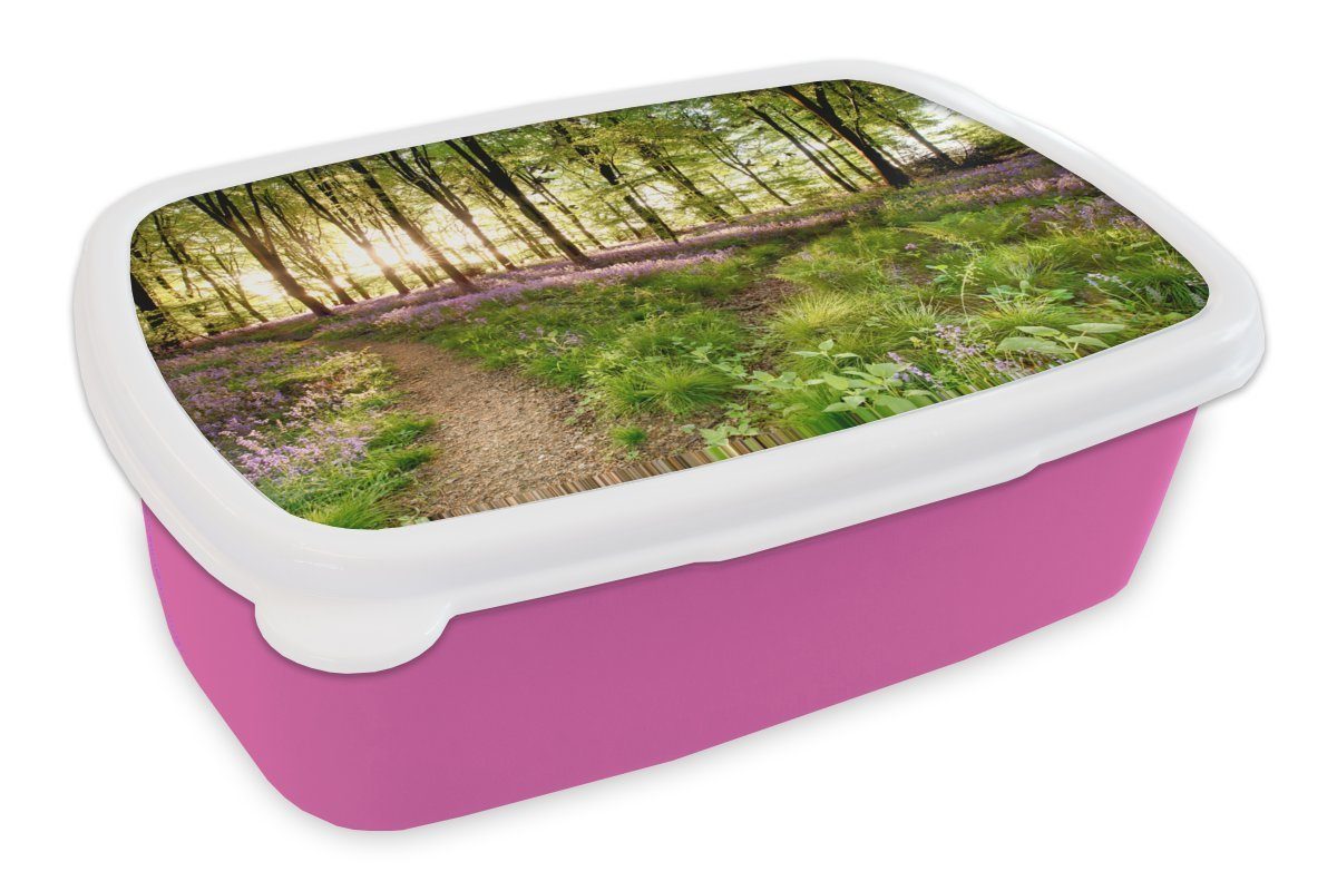 Frühling Kunststoff, Kunststoff - Erwachsene, MuchoWow Snackbox, für Lunchbox (2-tlg), Blumen Kinder, Brotbox Mädchen, Brotdose Vögel, rosa -