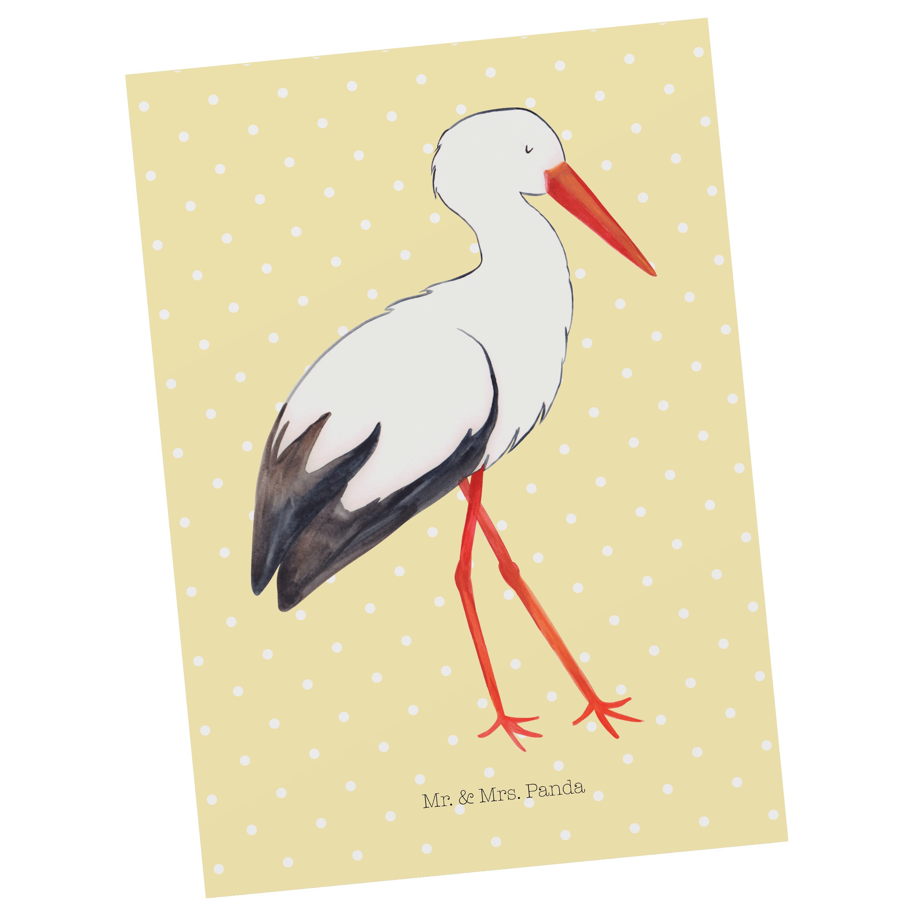 Mr. & Mrs. Panda Postkarte Storch - Gelb Pastell - Geschenk, Einladung, Tiermotive, Schwangersch