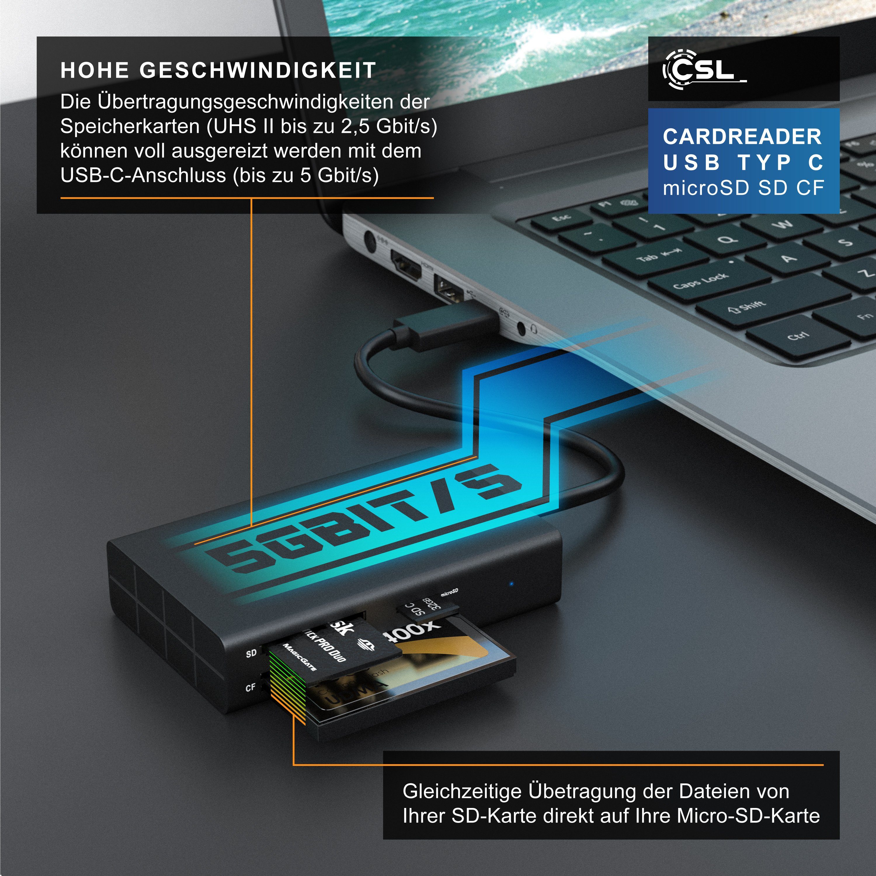CSL USB-C Kartenlesegerät inkl. USB Kabel 3 in 1 Kartenleser mit USB 3.2 USB-Adapter USB-C, Speicherkartenleser für SD, SDHC, SDXC, MicroSD, MicroSDHC, Micro SD – Bild 5 von 5