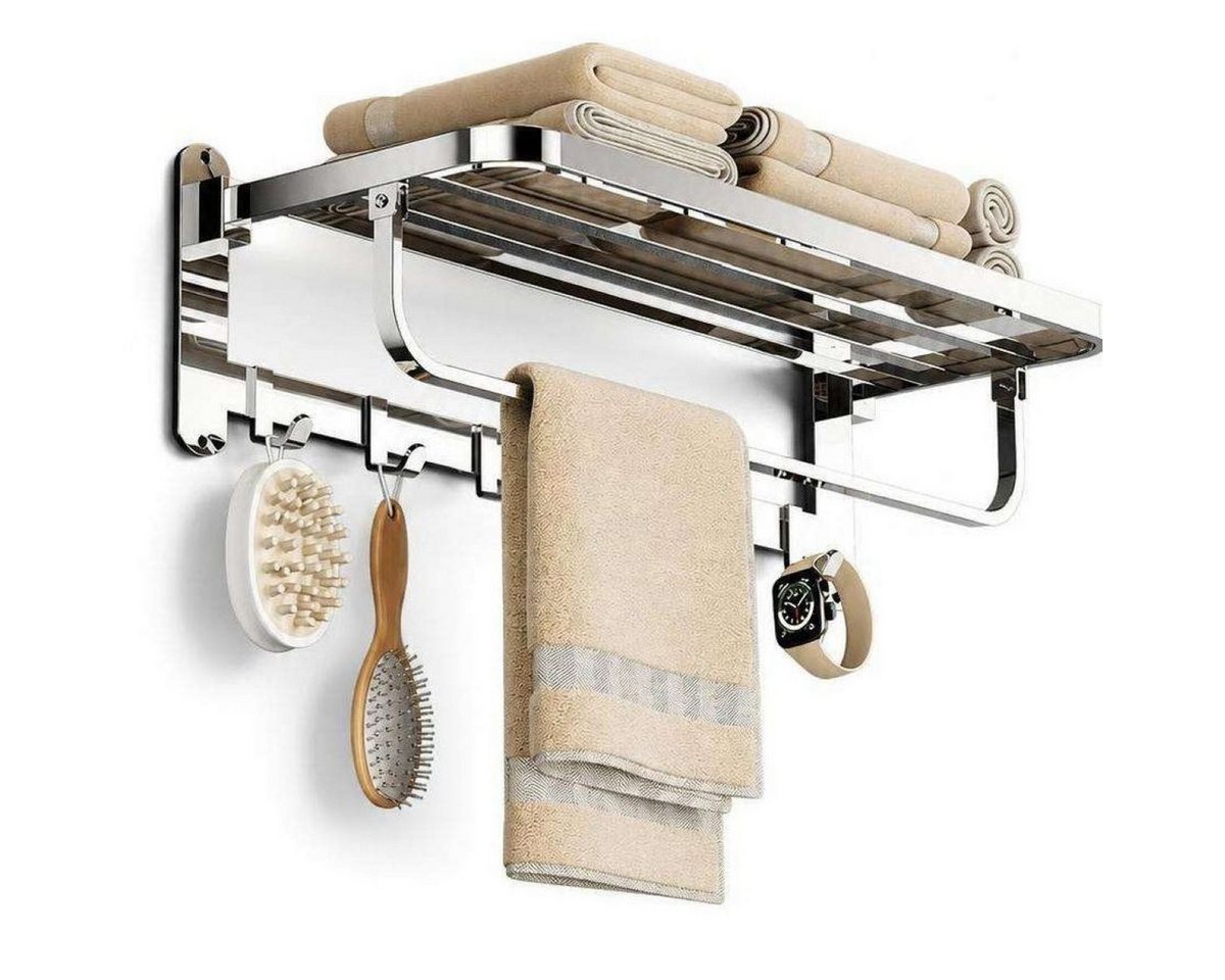 BBG Handtuchständer Klappbarer Handtuchhalter aus Edelstahl, 58 cm, 2-fach klappbar, mit Ablage und 6 Haken, platzsparender Wandhalter