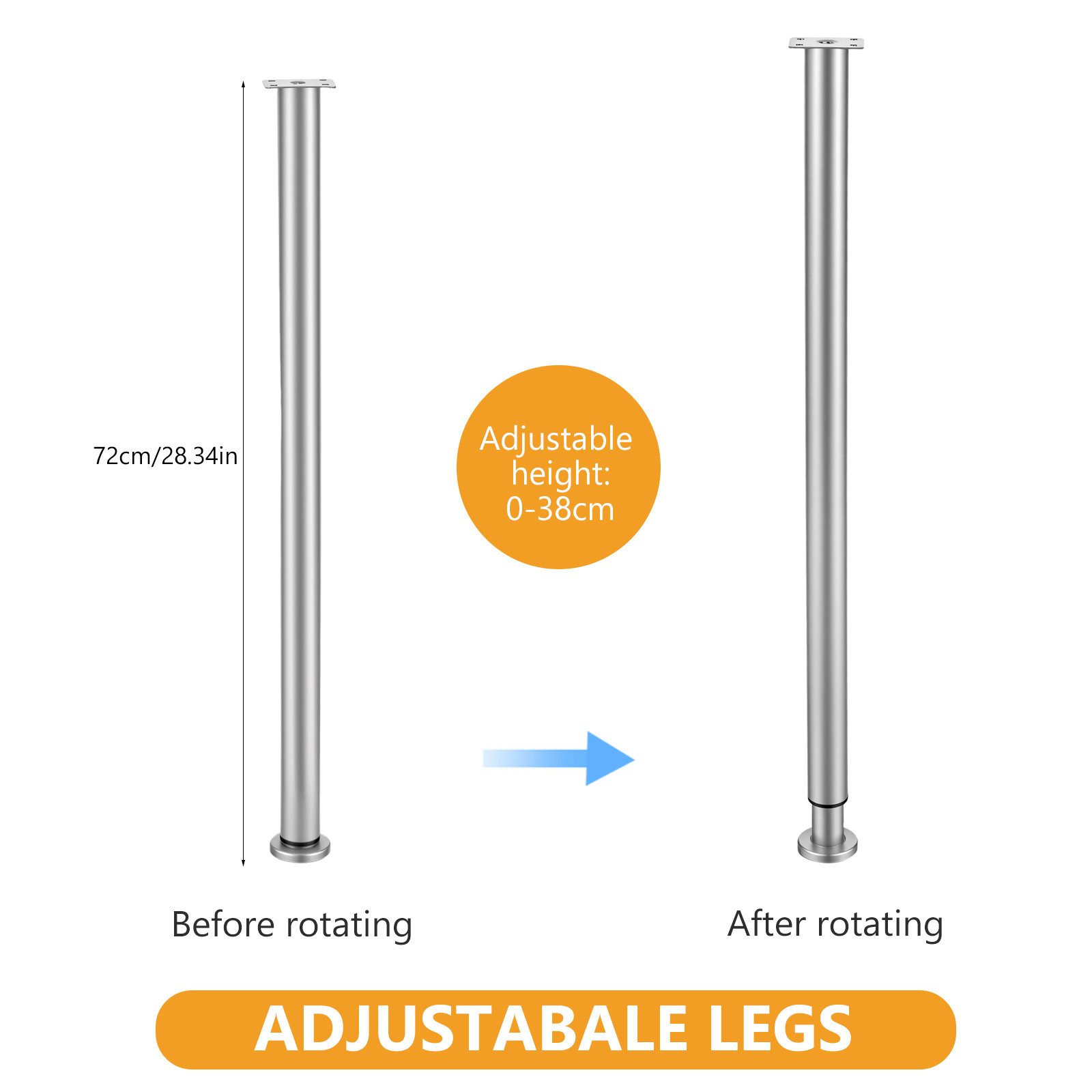 BlingBin Möbelfuß Höhenverstellbare Tischbeine Edelstahl, rutschfest, robust & langlebig, (2er Set, 2-St., Verstellbare Tischbeine 720–1100 mm, Ø50 mm), Möbelbeine zur Erhöhung von Küchentischen