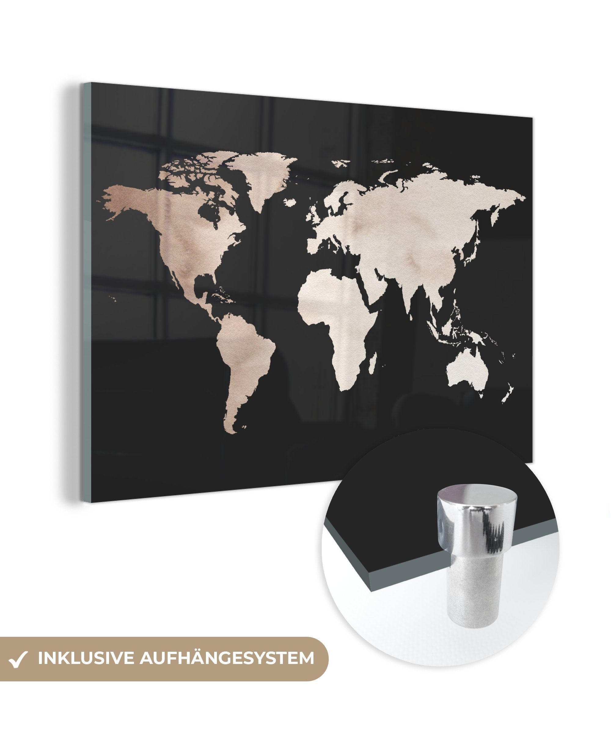 MuchoWow Acrylglasbild Weltkarte - Braun - Schwarz, (1 St), Glasbilder - Bilder auf Glas Wandbild - Foto auf Glas - Wanddekoration