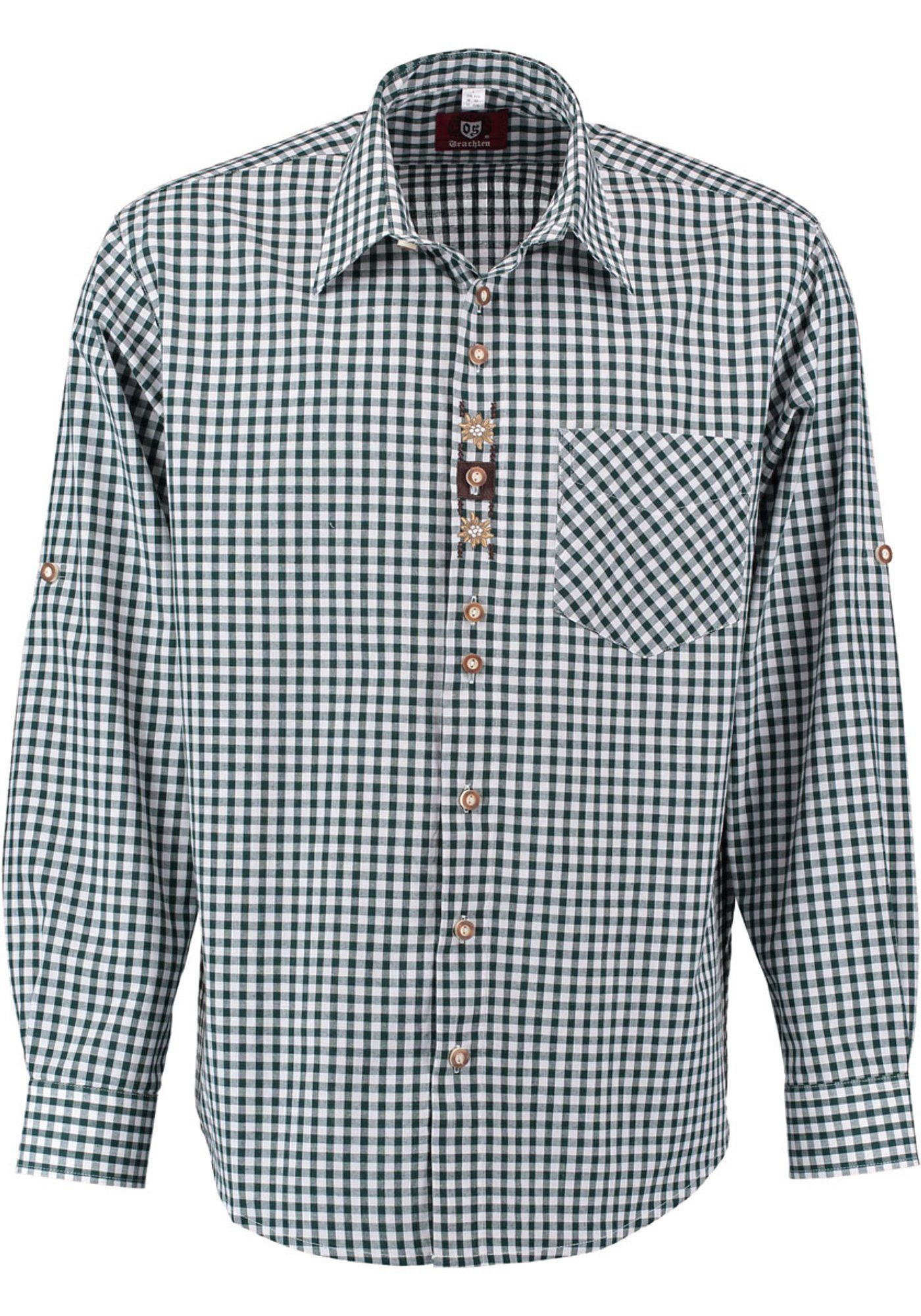 OS-Trachten Trachtenhemd Utamo Langarmhemd mit Brusttasche, Edelweiß-Stickerei auf der Knopfleiste dunkelgrün
