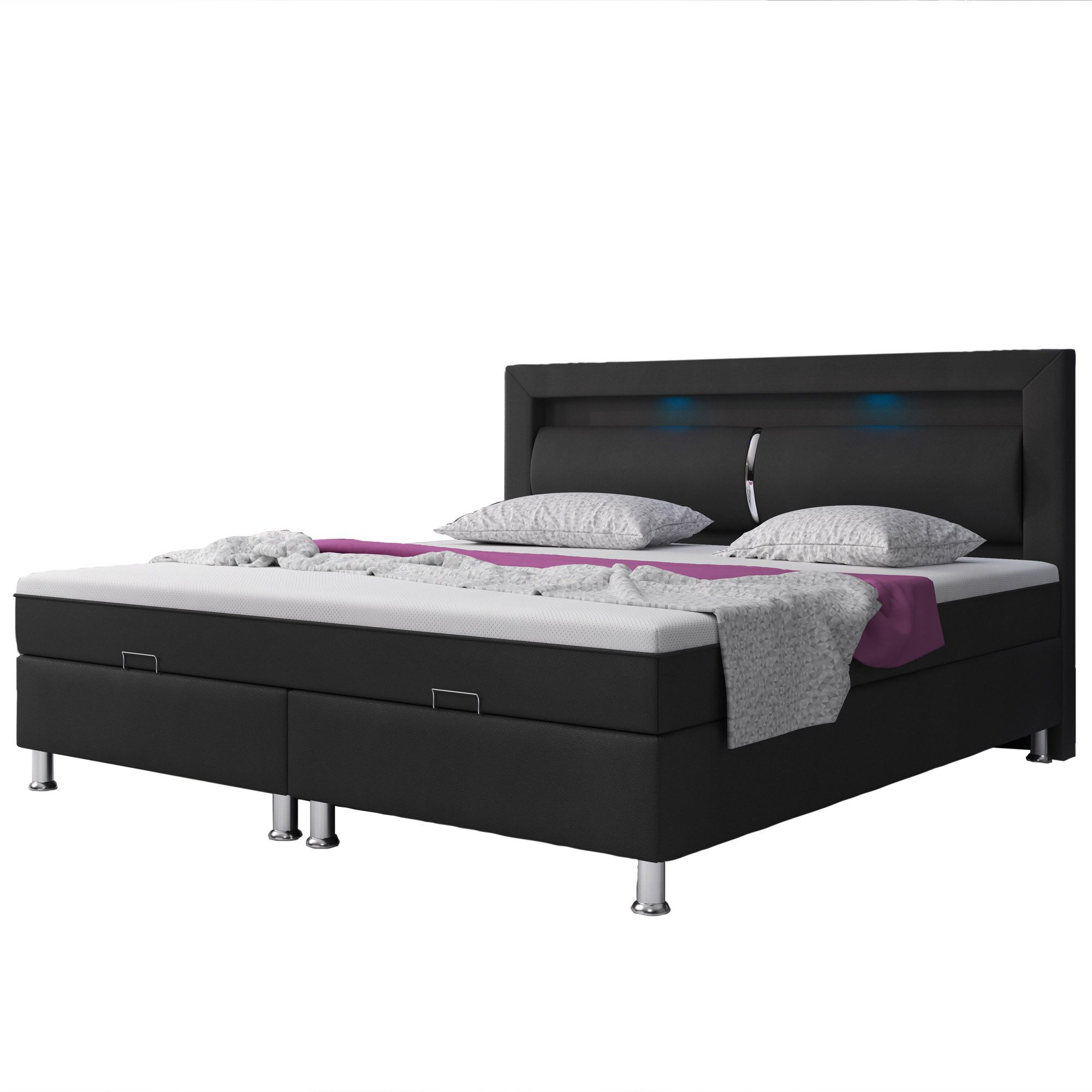 inter Boxspringbett Milano 180x200cm Bettkasten Kunstleder mit Topper-Optik (Komplettes Set), Bettkasten Kunstleder