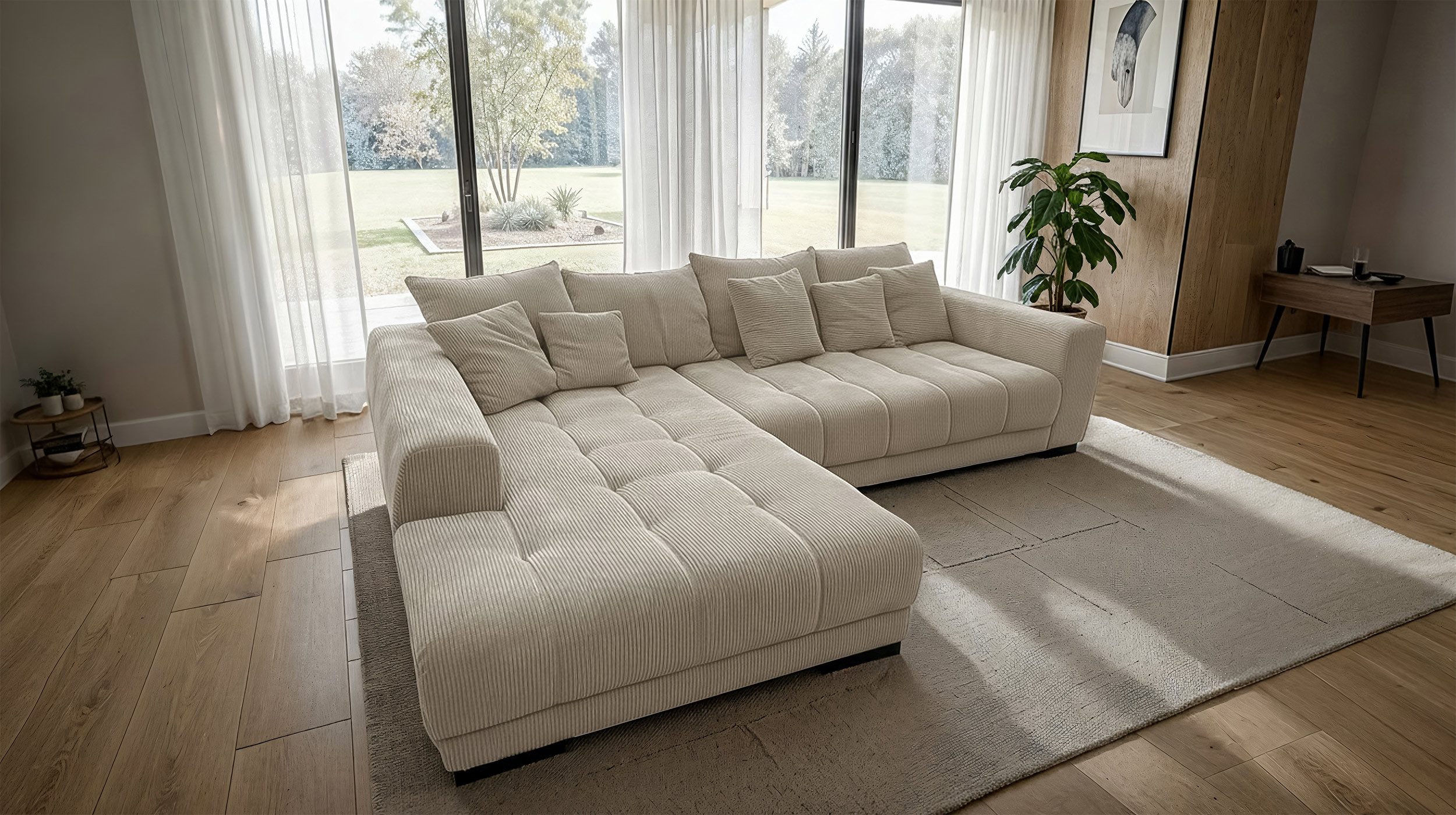 Massivart® Ecksofa Cord 300x215 cm / Nosagfederung / L-Form Cordsofa / ARTEMIS, inkl. Kissen-Set · frei im Raum stellbar