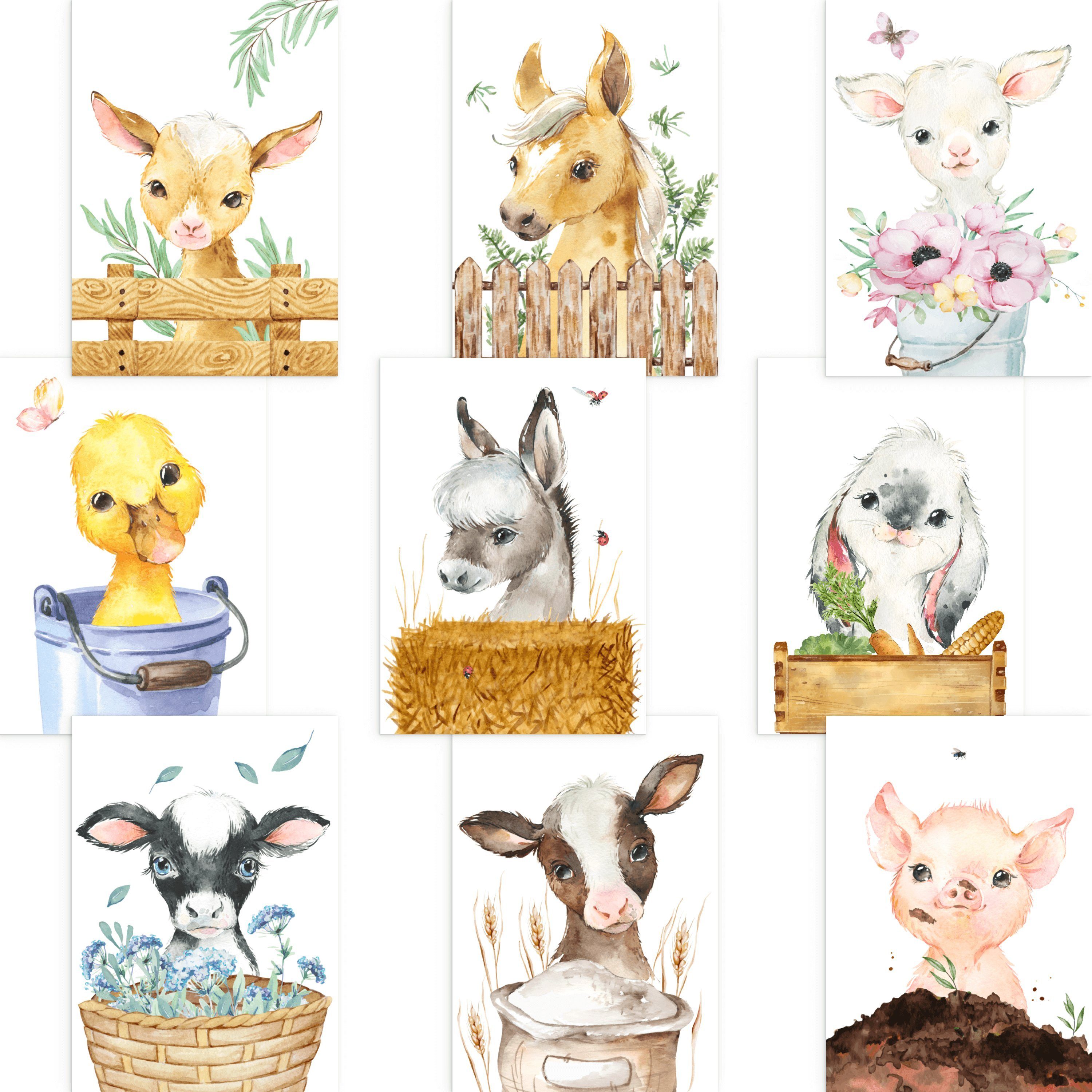 CreativeRobin Poster Schönes Kinderzimmer Tiere-Poster-Set, Farmtiere
