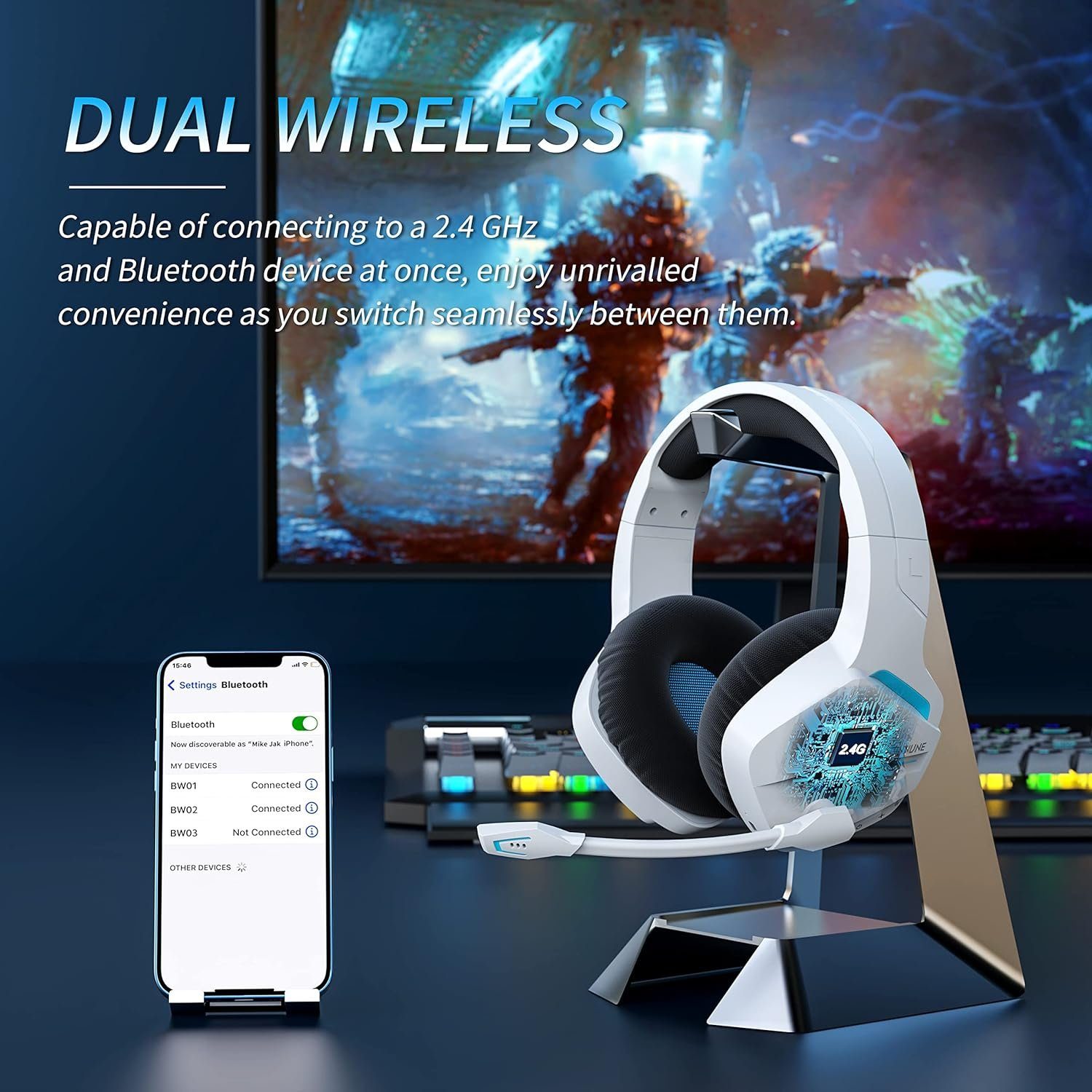 BINNUNE Cancelling Akkulaufzeit) (Professioneller Stereo mit Bluetooth, Stunden Headset 48 Noise Sound Gaming-Headset Gaming-Sound,
