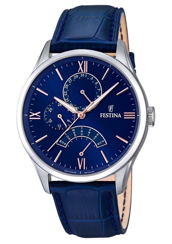 Festina Multifunktionsuhr F16823/3, Armbanduhr, Quarzuhr, Herrenuhr, Lederarmband, Datum