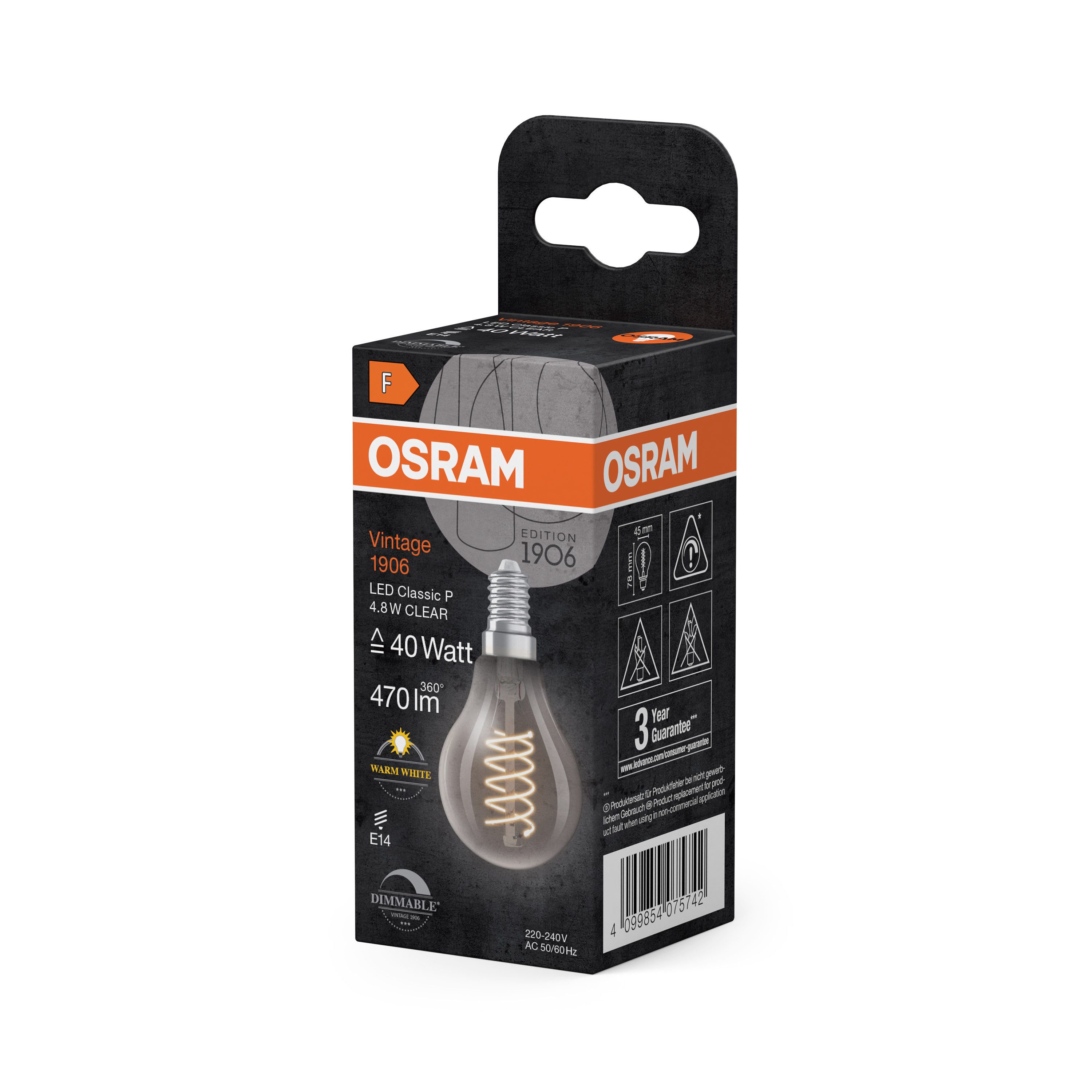 Ledvance LED-Leuchtmittel Vintage 1906 Classic B 40 Filament DIM 4.8W 827 Clear E14, E14, 1 St., Warm weiß, Geringerer Energieverbrauch als Glüh- oder Halogenlampen