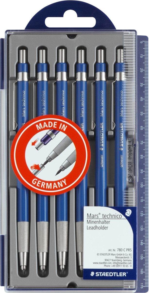 STAEDTLER Bleistift Fallminenstift Mars technico mit Clip HB blau Kunststoffetui mit 6 Stü