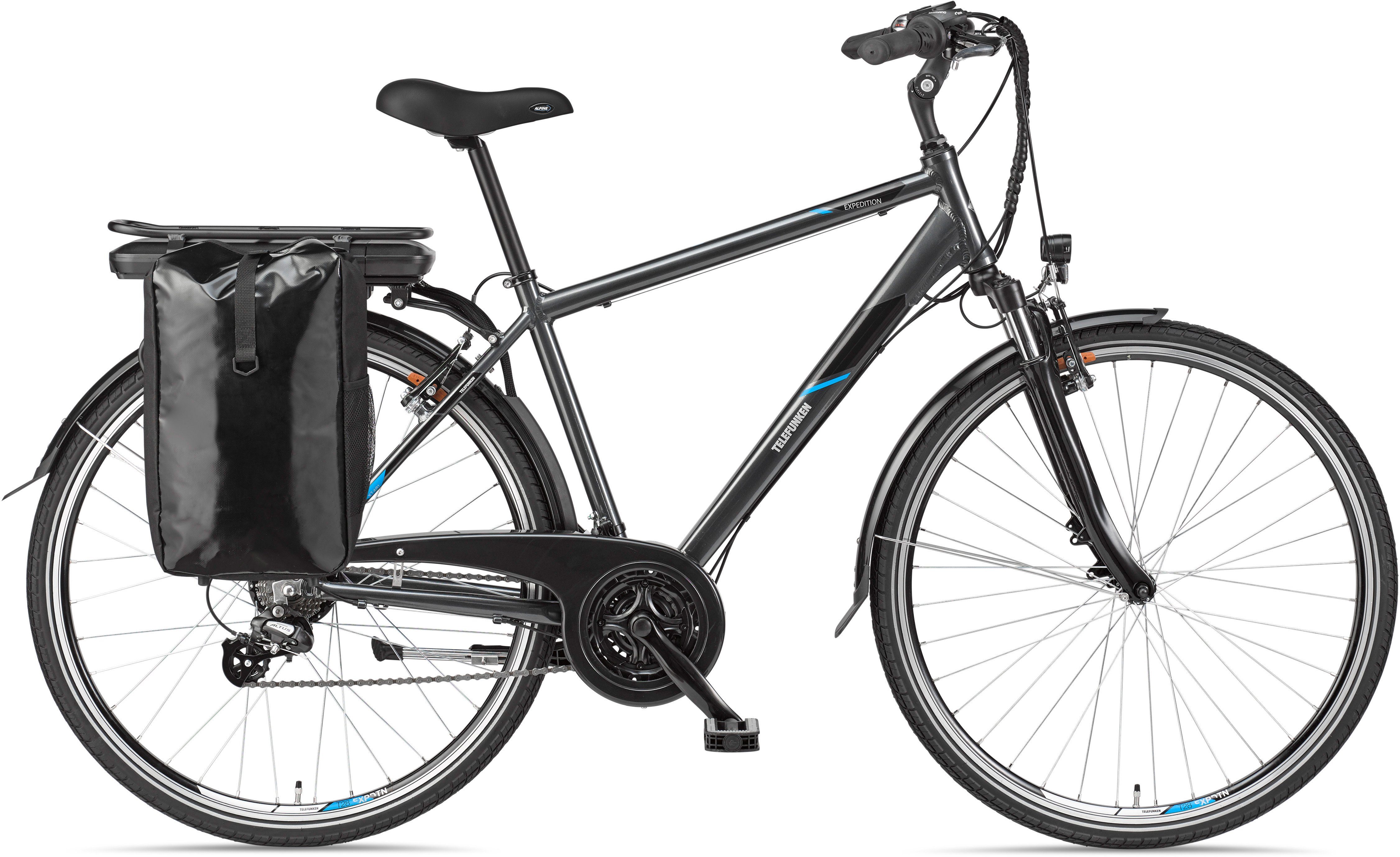 Telefunken E-Bike Expedition XT481, 21 Gang Shimano, Heckmotor, 374,4 Wh Akku, Pedelec, Elektrofahrrad für Herren, Trekkingrad, mit Fahrradtasche