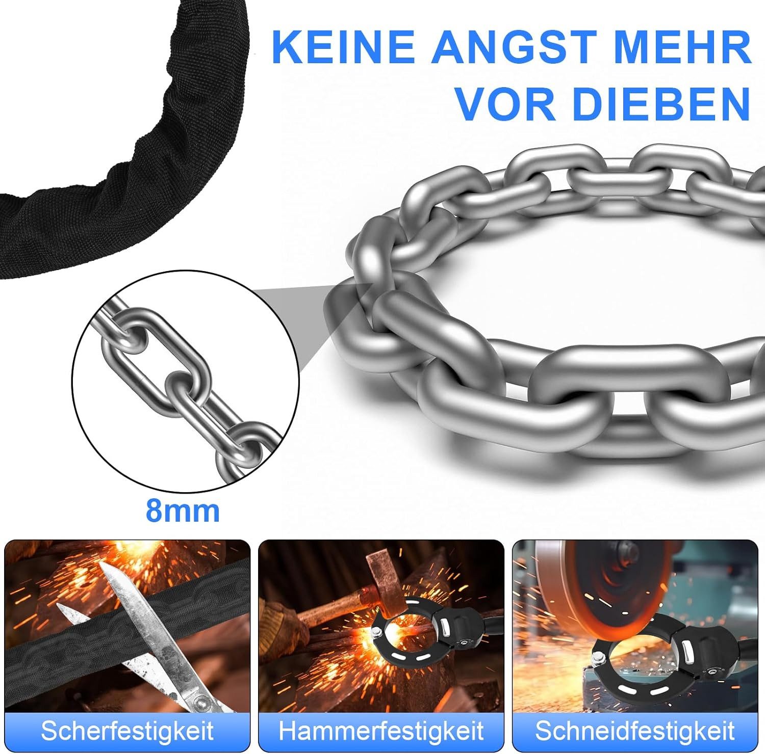wohnTRAUM24 Kettenschloss E Scooter Schloss,Fahrradschloss für E Scooter mit Gummi-Lock-Hülse (Set, 1-tlg., Kratzschutz, inkl. 3 Schlüssel), Universalität, 360° – Bild 5 von 5