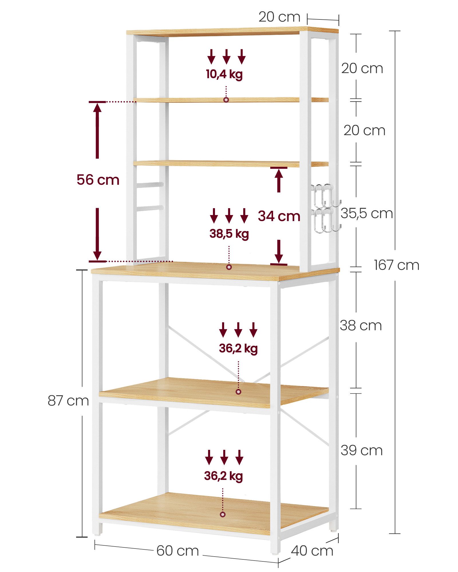 VASAGLE Standregal Küchenregal, Mikrowellen-Regal, 6 Haken, 6 Ablagen, 40 x 60 x 167 cm, Stahlrahmen, Industrie-Design, für Küche