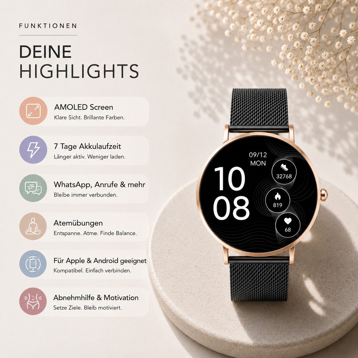 XCOAST SIONA 2 Damen Smartwatch (4,2 cm/1,3 Zoll, iOS und Android) Kostenloses Zusatzarmband enthalten / Gehäuse Rosegold (hell), 4-tlg., - 2in1 PROMOPACK (enthält 2 Mesh Armbänder: Schwarz und Rosegold) -, Wasserdicht/Flach/Puls/Blutdruck/Blutsauerstoff/Sport/Elegant