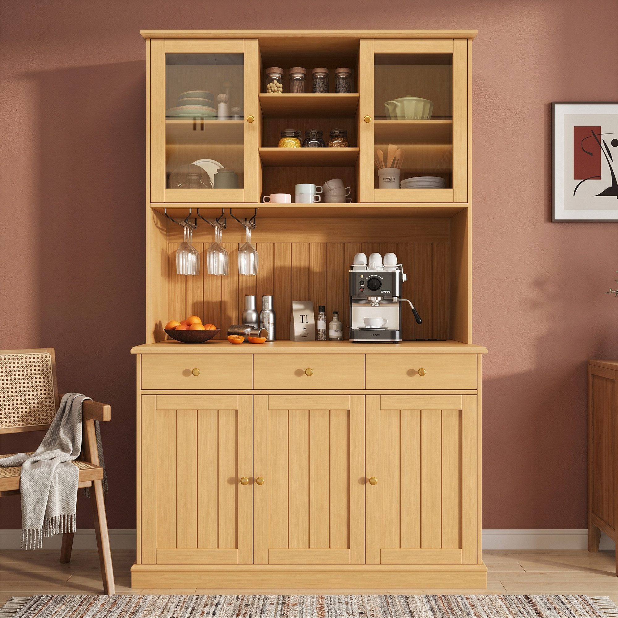 KLAM HOME Küchenbuffet Weißer Esszimmer-Hochschrank mit Glastüren und Ladeanschlüssen (Buffetschrank 120×40×191cm mit Steckdosen, USB-A & USB-C) Stauraumreicher Küchenschrank mit verstellbaren Glasböden