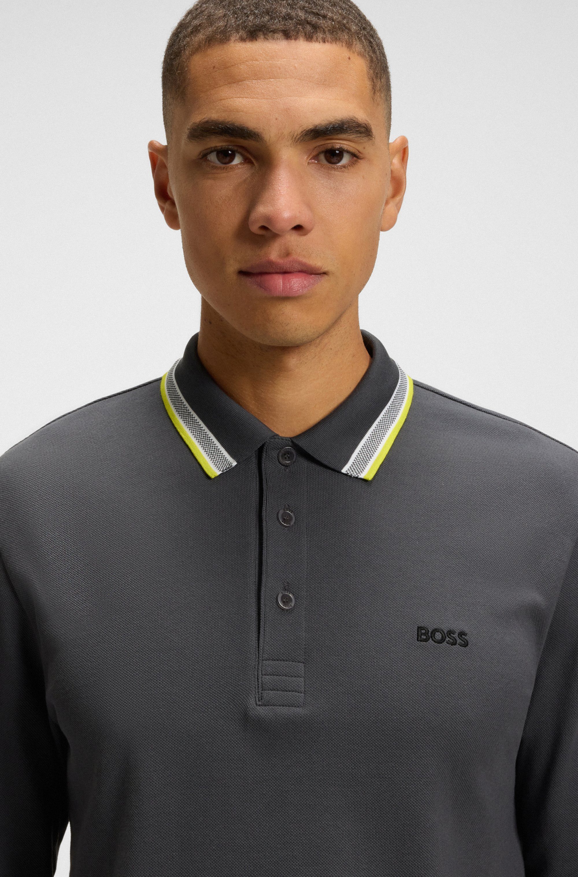 BOSS GREEN Langarm-Poloshirt Plisy mit Streifen am Kragen günstig online kaufen