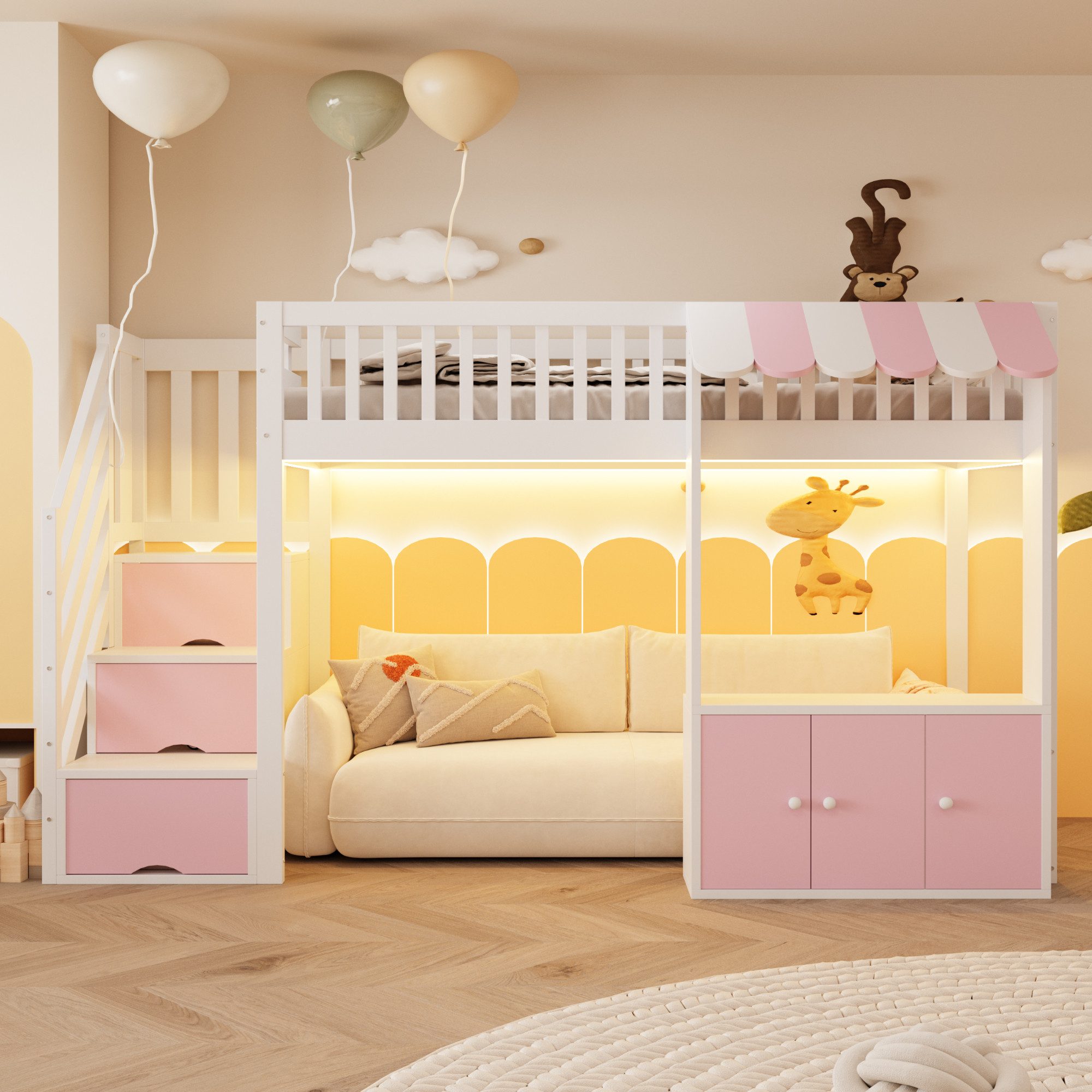 REDOM Hochbett mit Stauraumtreppe und Stauraumschrank (mit LED-Lichtleiste in mehreren Farben, Lattenrost, Traufendesign, Kinderbett Einzelbett, 90x200 cm) Inklusive Matratze