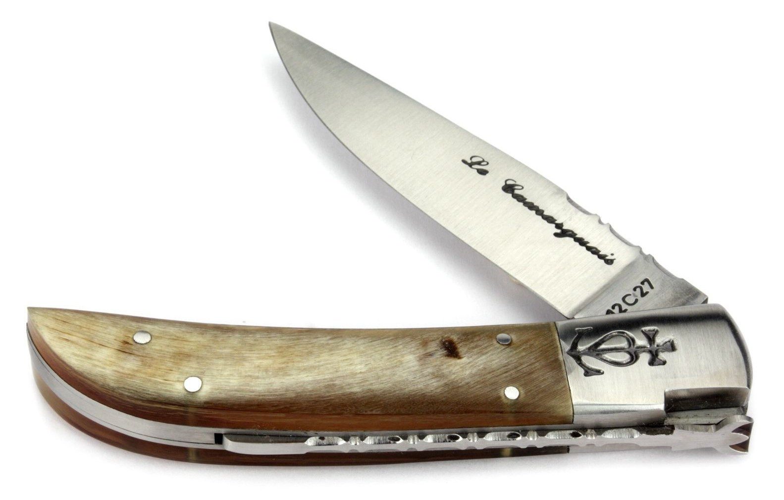 Le Camarguais Taschenmesser 20074 Blonde, Griff 12cm Widderhorn - Verzierung Feder u. Klingenrücken - Stahl matt
