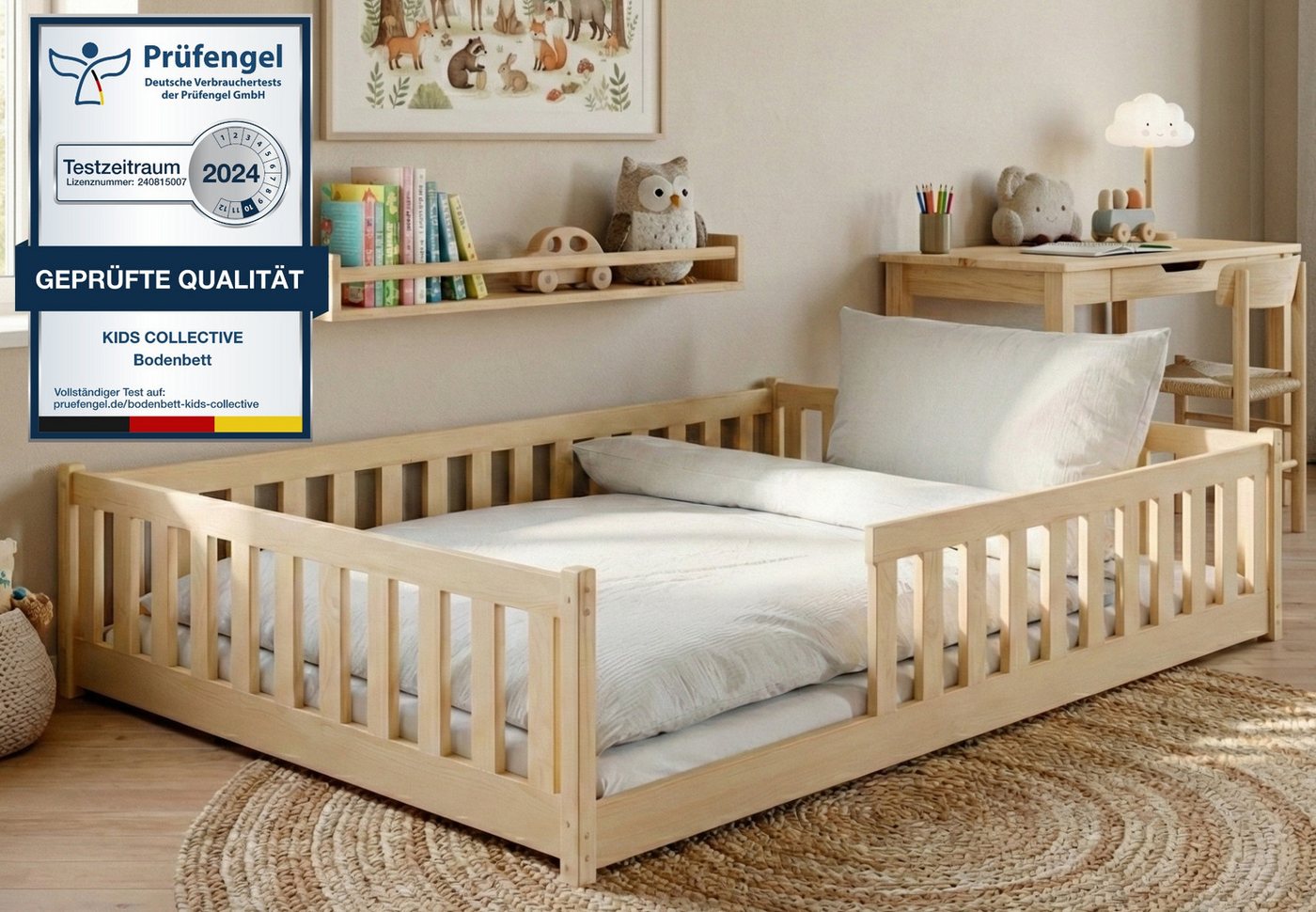 Kids Collective Kinderbett Bodenbett Bett mit Rausfallschutz & Lattenrost Montessori Bett Kinder (Jungen, Mädchen, Kinder, weitere Größen 80x160, 80x180, 90x190, 90x200, 120x200 cm), Jugendbett Gitterbett Einzelbett, Natur Kiefer 140x200 cm