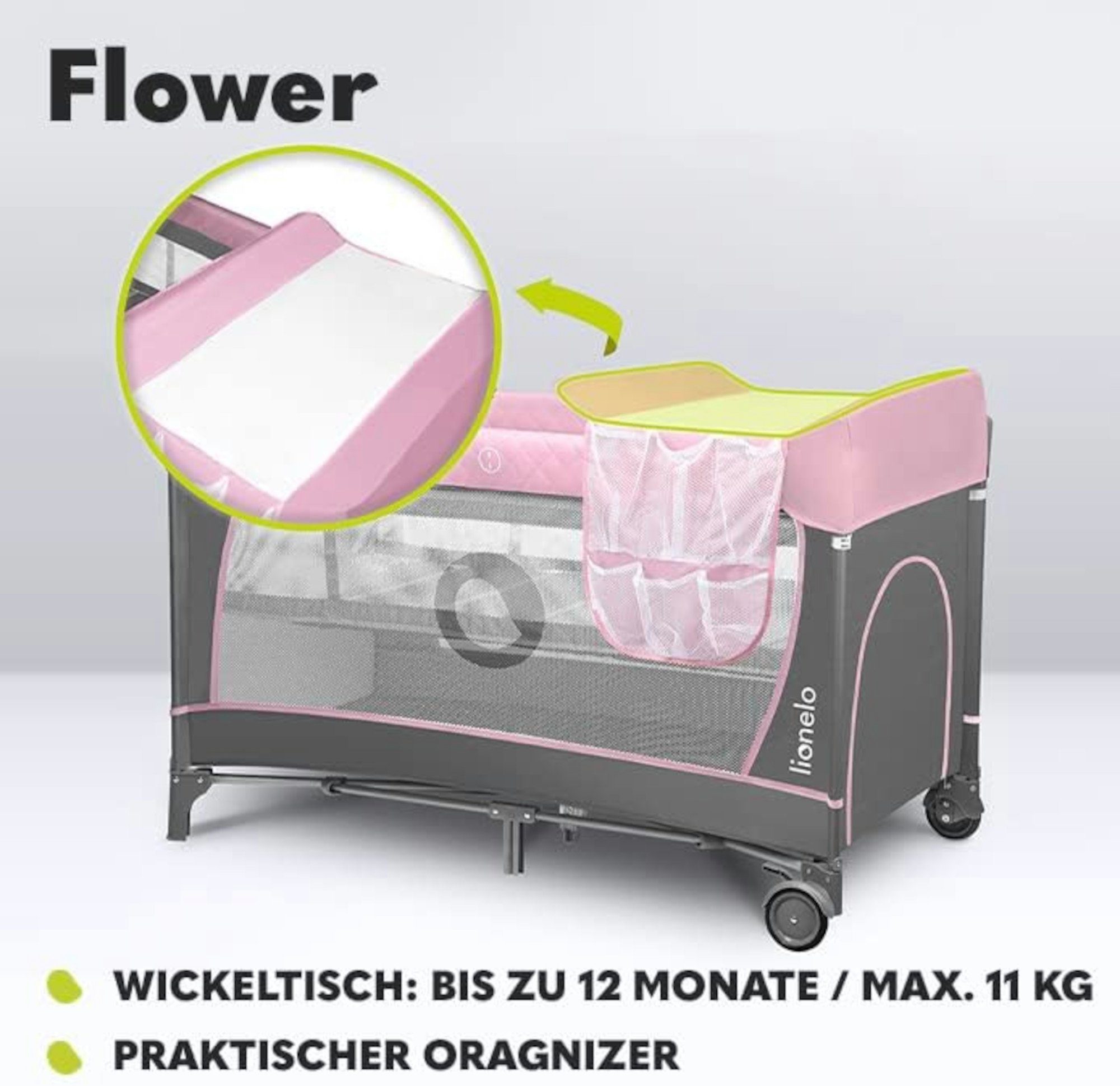 lionelo Baby-Reisebett FLOWER, 4in1:Laufstall Baby, Wickeltisch, Zwei Matratzenaufhängungshöhen