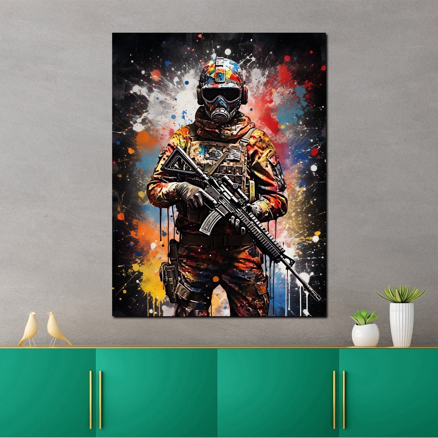 Artedinoi Leinwandbild Soldat mit Gewehr Pop Art Colour Splash Leinwandbild Wandbild XXL, Mann mit Gewehr, Farb-Splash