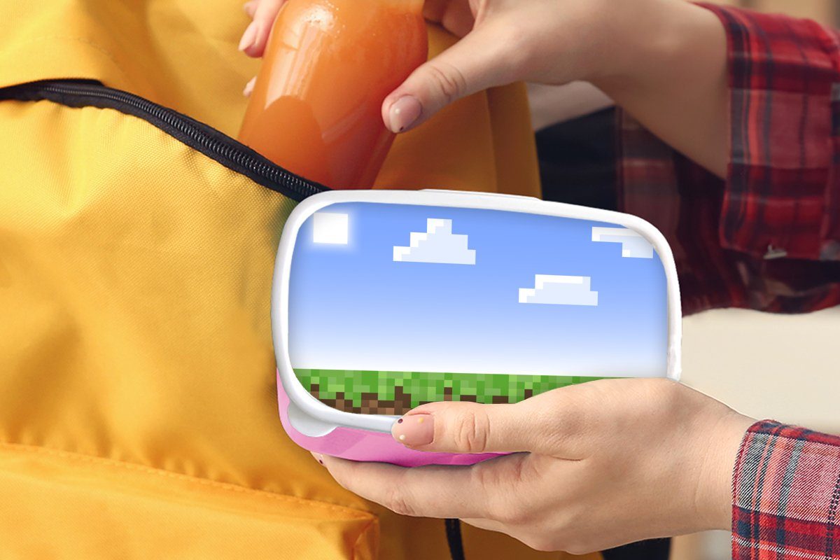 Spiele Brotdose Lunchbox Brotbox Kinder, Pixel (2-tlg), Gras, - Erwachsene, MuchoWow - rosa für Kunststoff, - Spiele Kunststoff Snackbox, Mädchen,