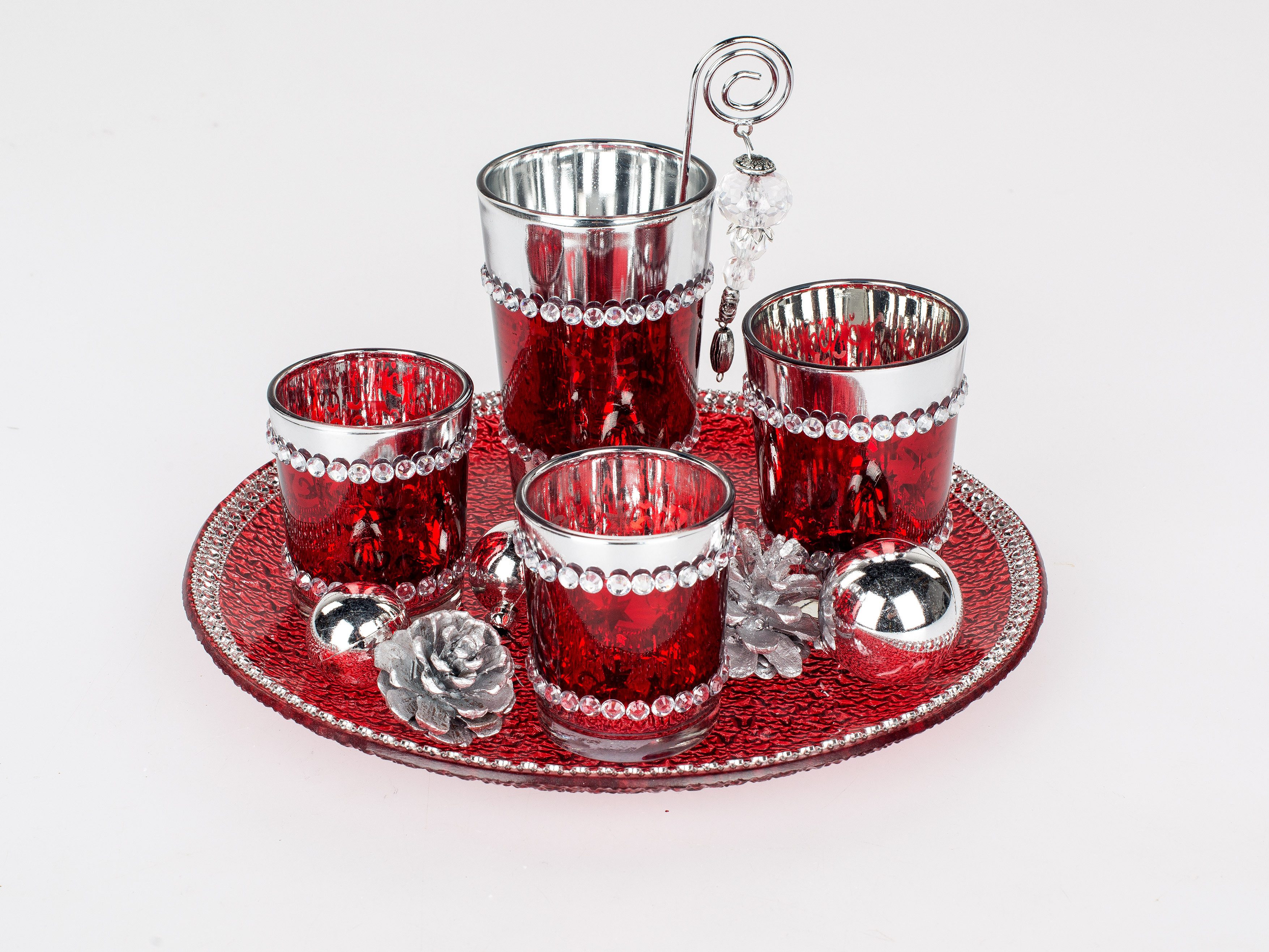 formano Teelichthalter Glasteller mit 4 Teelichtgläsern, Rot-Silber, Strass, Ø ca. 25 x 12 cm