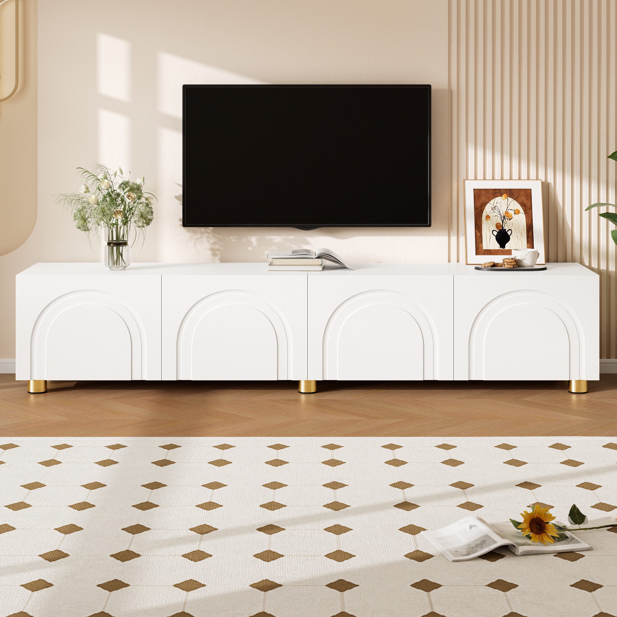 Merax Lowboard mit Bogenrelief und Metallfüßen (180 x 35 x 40 cm (L x B x H), 1 St), TV-Board TV-Schrank mit 4 Türen & großem Stauraum