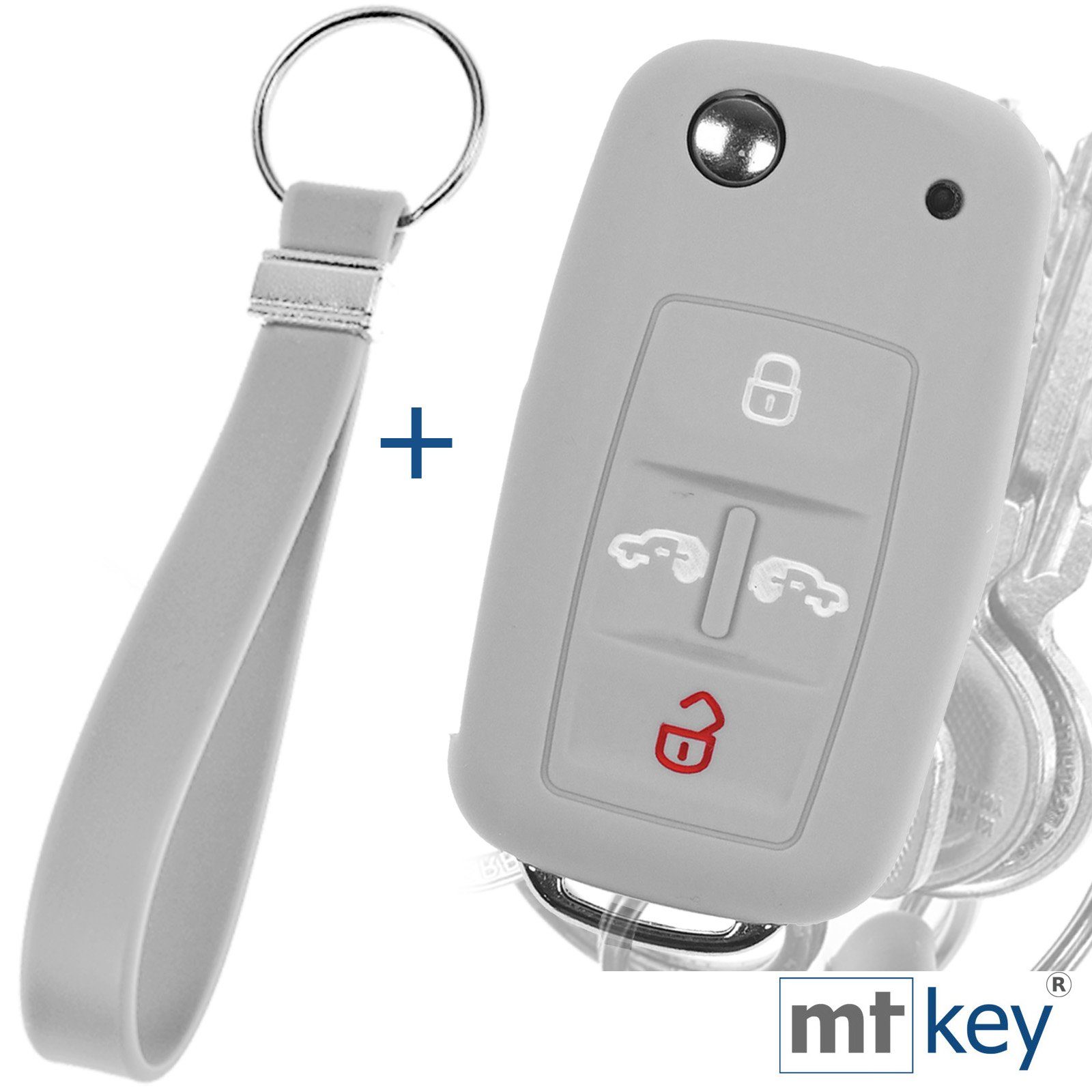 mt-key Schlüsseltasche Autoschlüssel Silikon Schutzhülle im Wabe Design Grau + Schlüsselband, für VW Multivan Sharan T5 T6 Caddy Seat Alhambra 4 Tasten Schlüssel