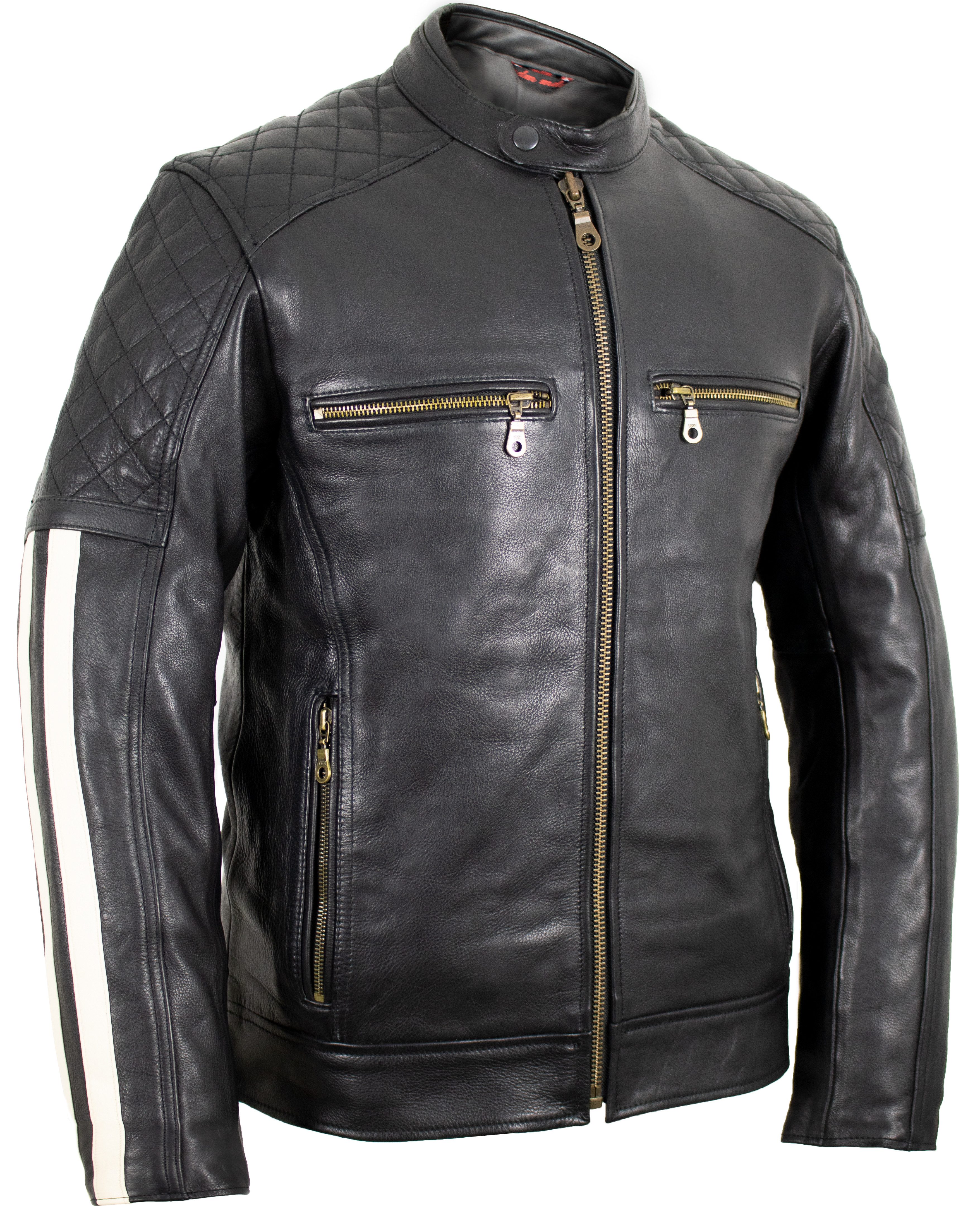 MDM Motorradjacke Herren Motorrad Lederjacke mit Streifen in schwarz, mit Protektoren