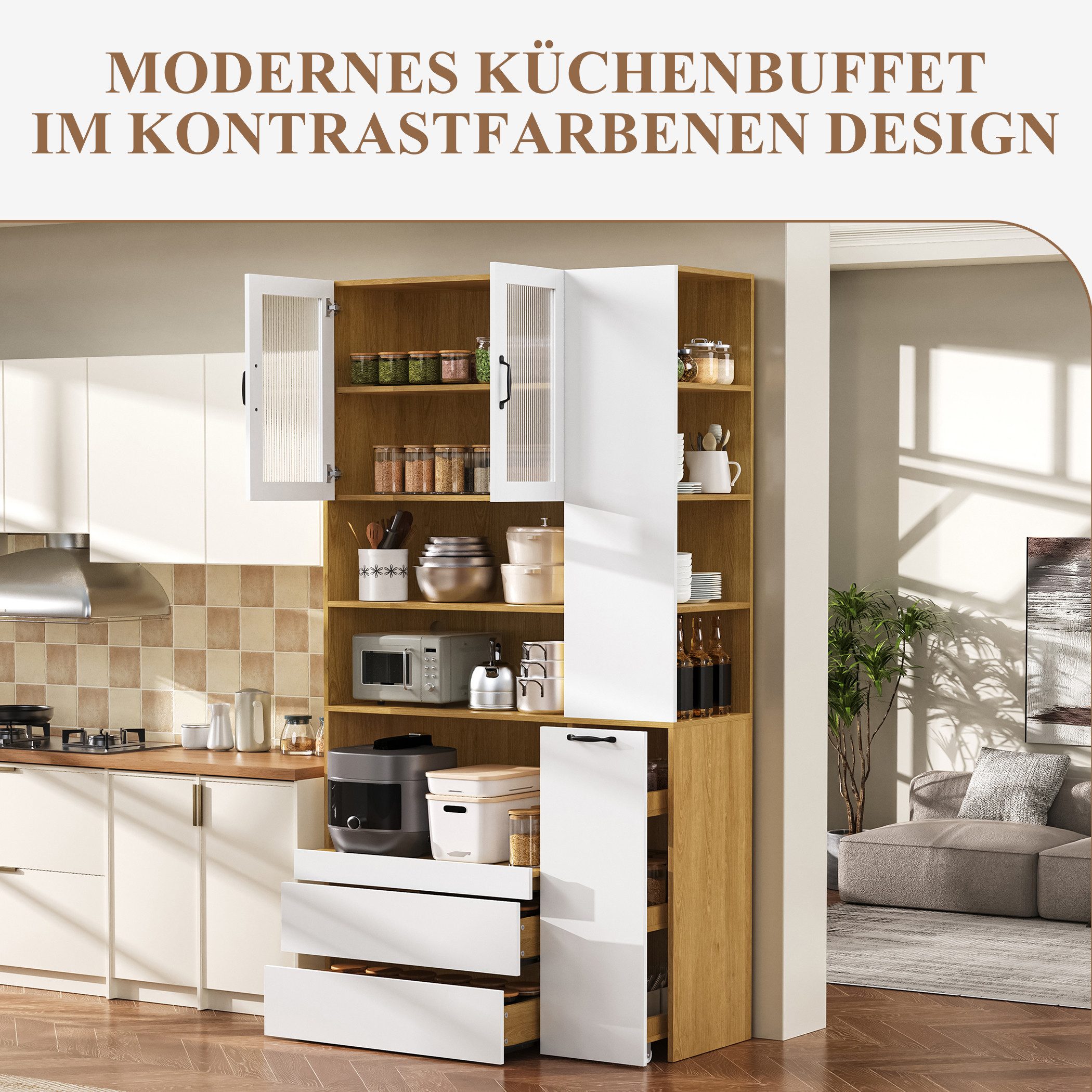 SeedWave Buffet Vielseitiger Küchenbuffet mit Glastüren, Ausziehbarem Mikrowellenfach Küchenschrank inkl. offene Ablagen, 2 Schubladen, Gewürzwagen