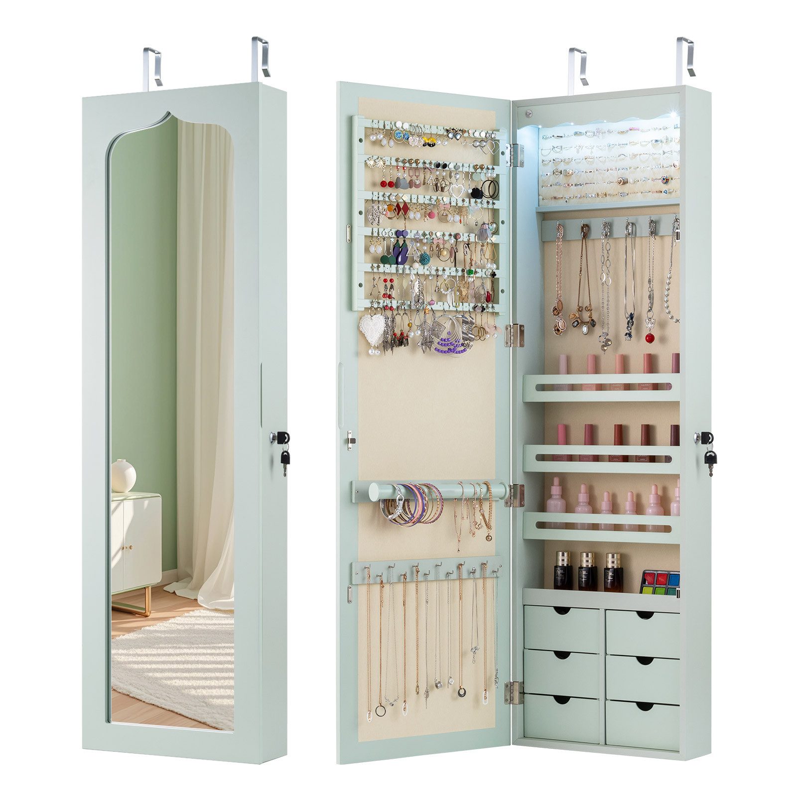 COSTWAY Schmuckschrank mit LED & Ganzkörperspiegel, günstig online kaufen