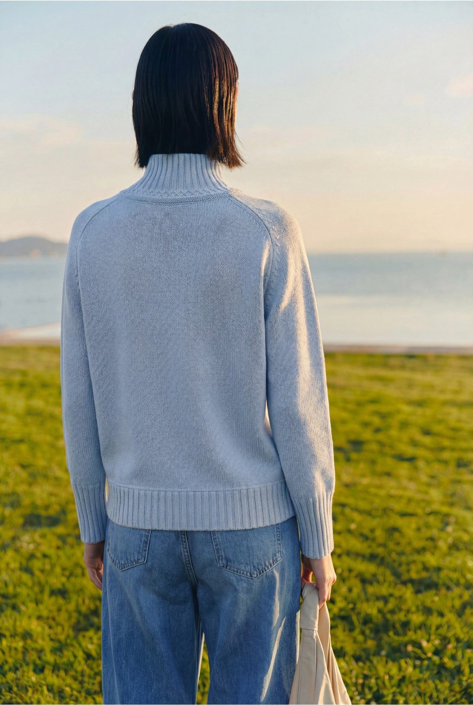 Zaubermond Strickpullover Damen Taillierter Pullover mit hohem Stehkragen und Raglan Blau